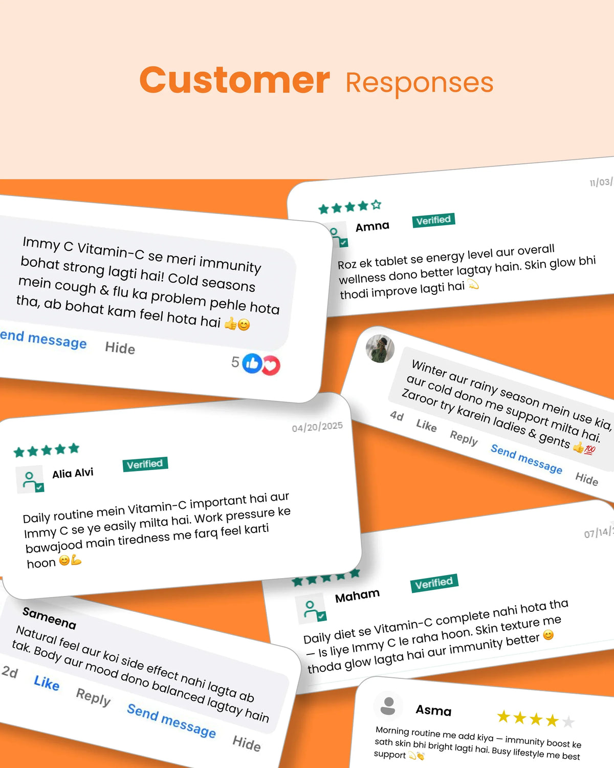 Customer reviews for Immy C Vitamin-C supplement, highlighting immunity boost, energy, and skin glow benefits