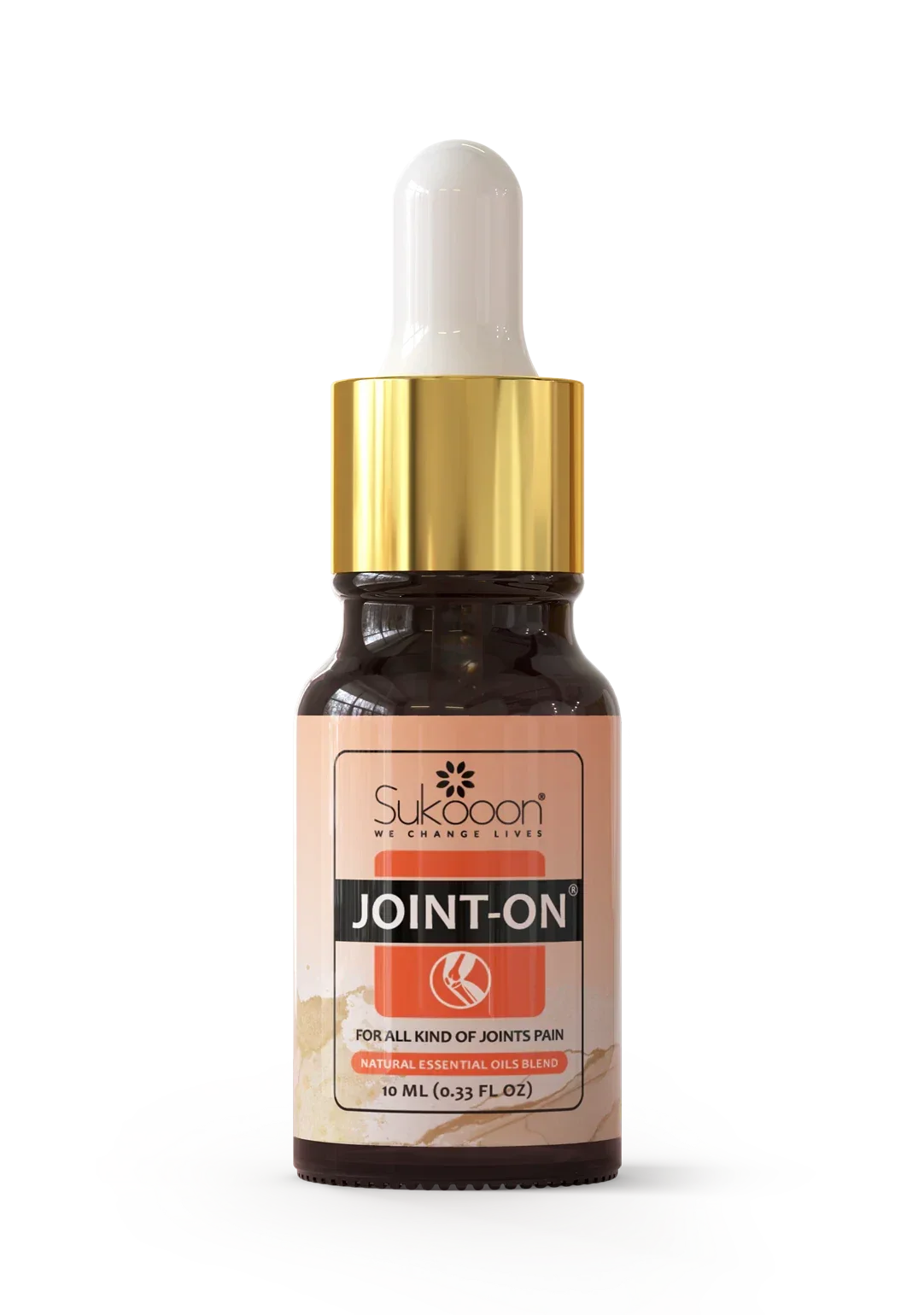 10ml dark glass dropper bottle labeled Joint-On natural essential body oil for joint pain relief