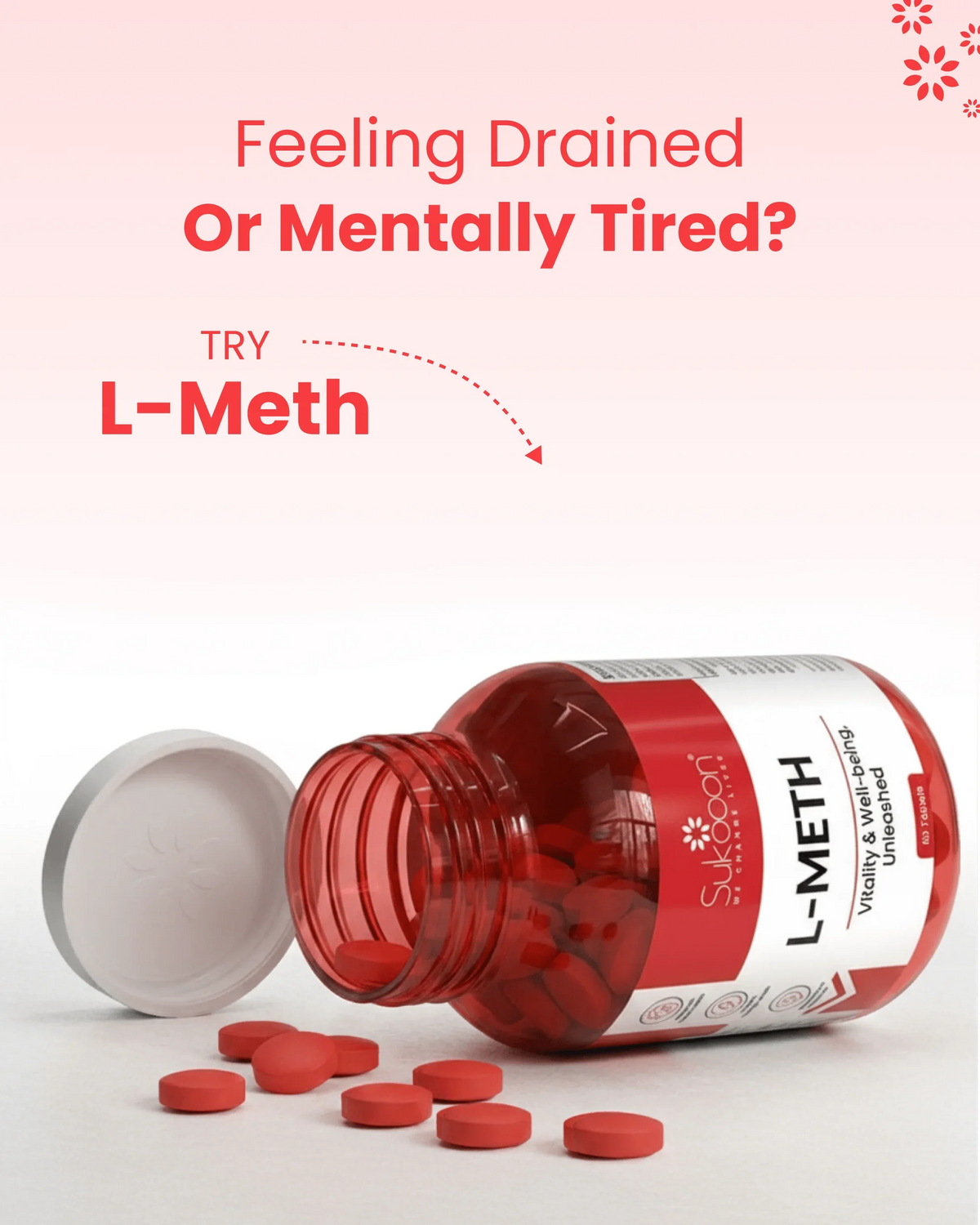 Red L-Meth supplement bottle with pills spilled, for mental fatigue and vitality support