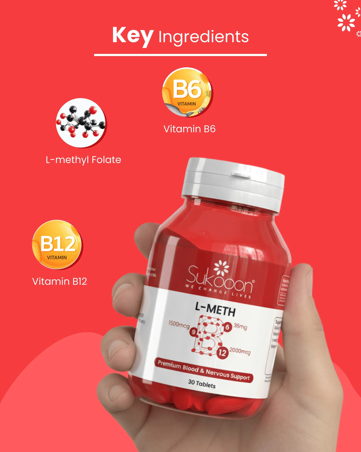 Hand holding red bottle of L-METH supplement with Vitamin B6, B12, L-methyl Folate for blood and nervous support