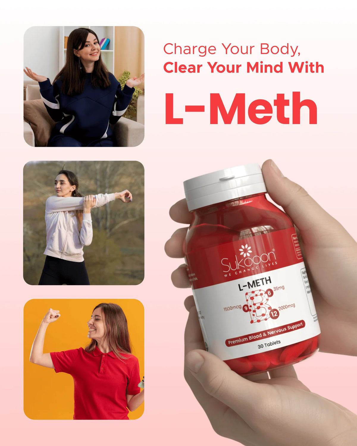 L-Meth supplement bottle for blood and nervous system support, shown with active lifestyle scenes