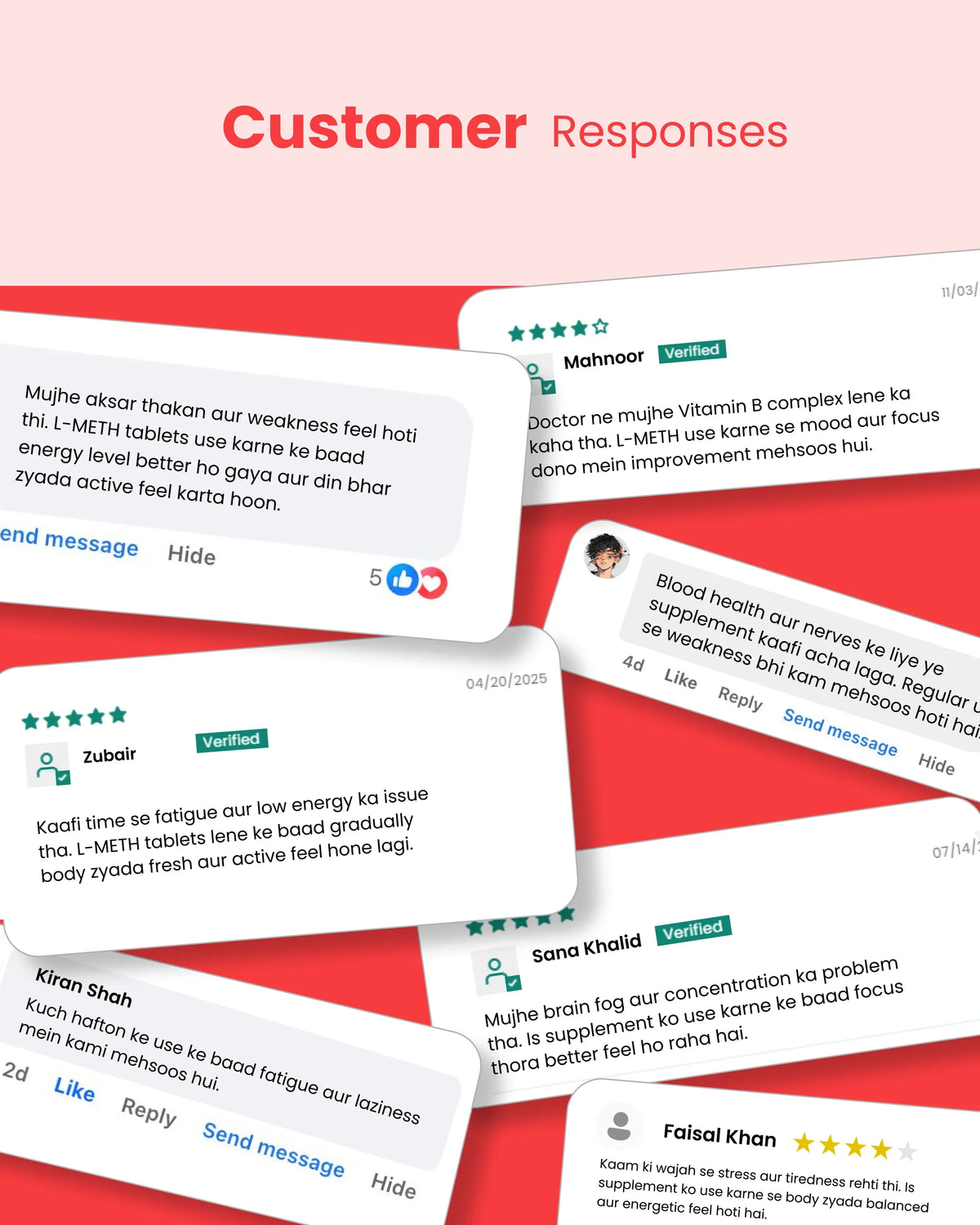 Customer reviews for L-METH tablets showing energy, focus & wellness benefits with 5-star ratings
