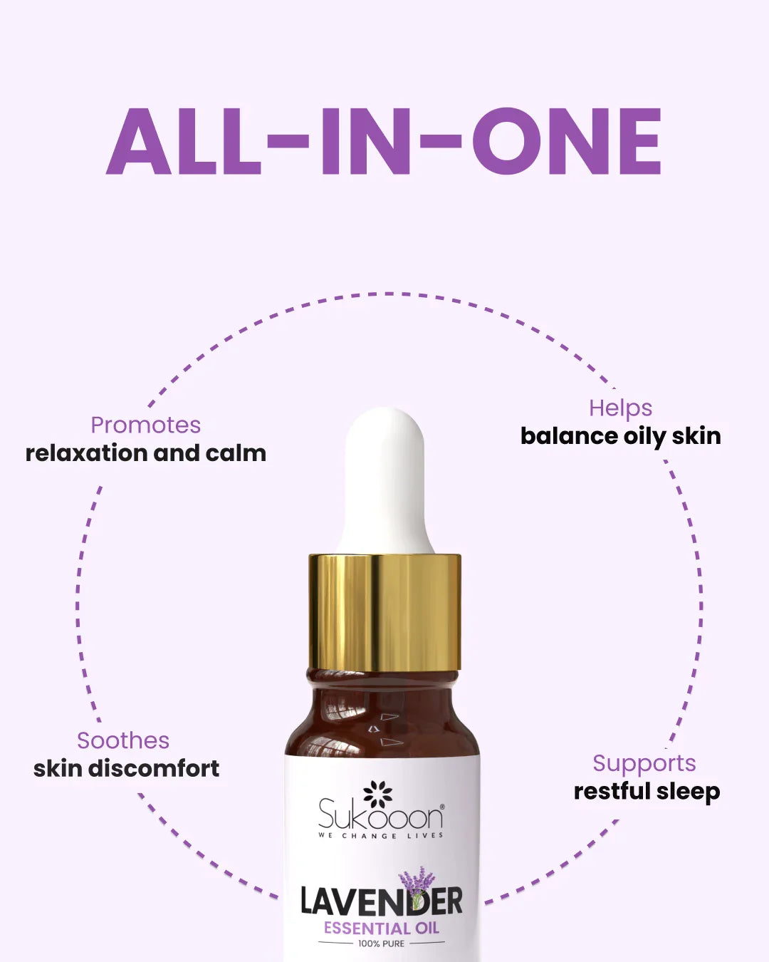 Lavender essential oil bottle with dropper, promotes calm, balances oily skin, soothes discomfort, supports sleep