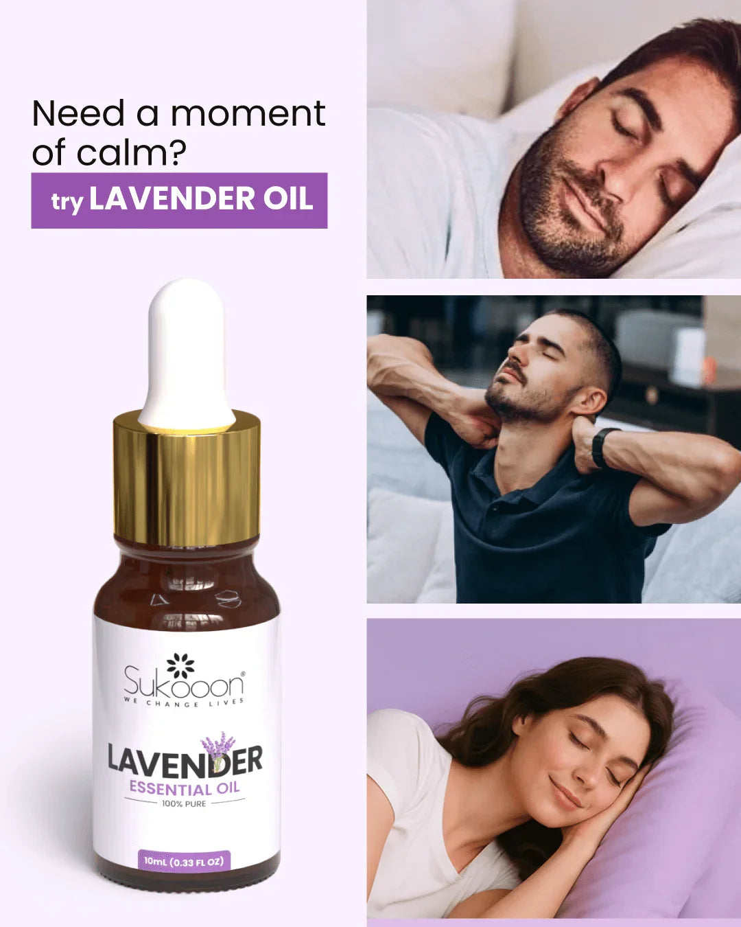 Lavender essential oil bottle with dropper, promoting calm sleep and relaxation for stress relief