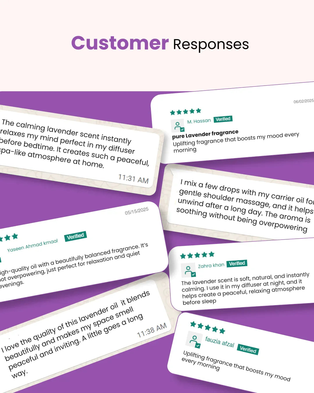 Customer reviews for calming lavender essential oil, praised for relaxation, sleep aid, and natural fragrance in diffusers