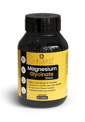 Sukooon Magnesium Glycinate 500mg supplement bottle for stronger bones, better sleep & heart health, 60 tablets