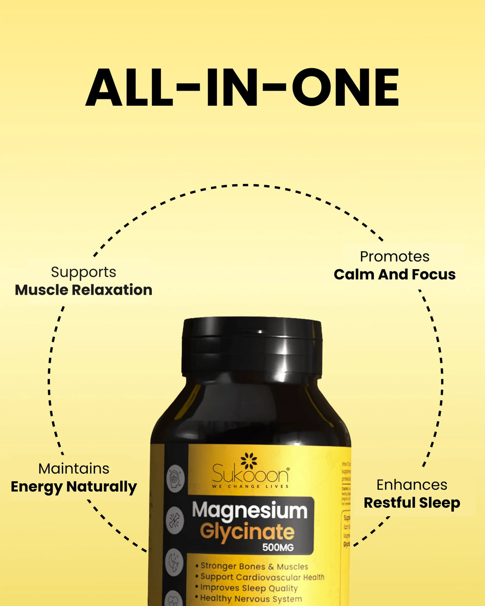 Sukooon Magnesium Glycinate 500mg supplement bottle promoting calm, sleep, muscle relaxation, and natural energy