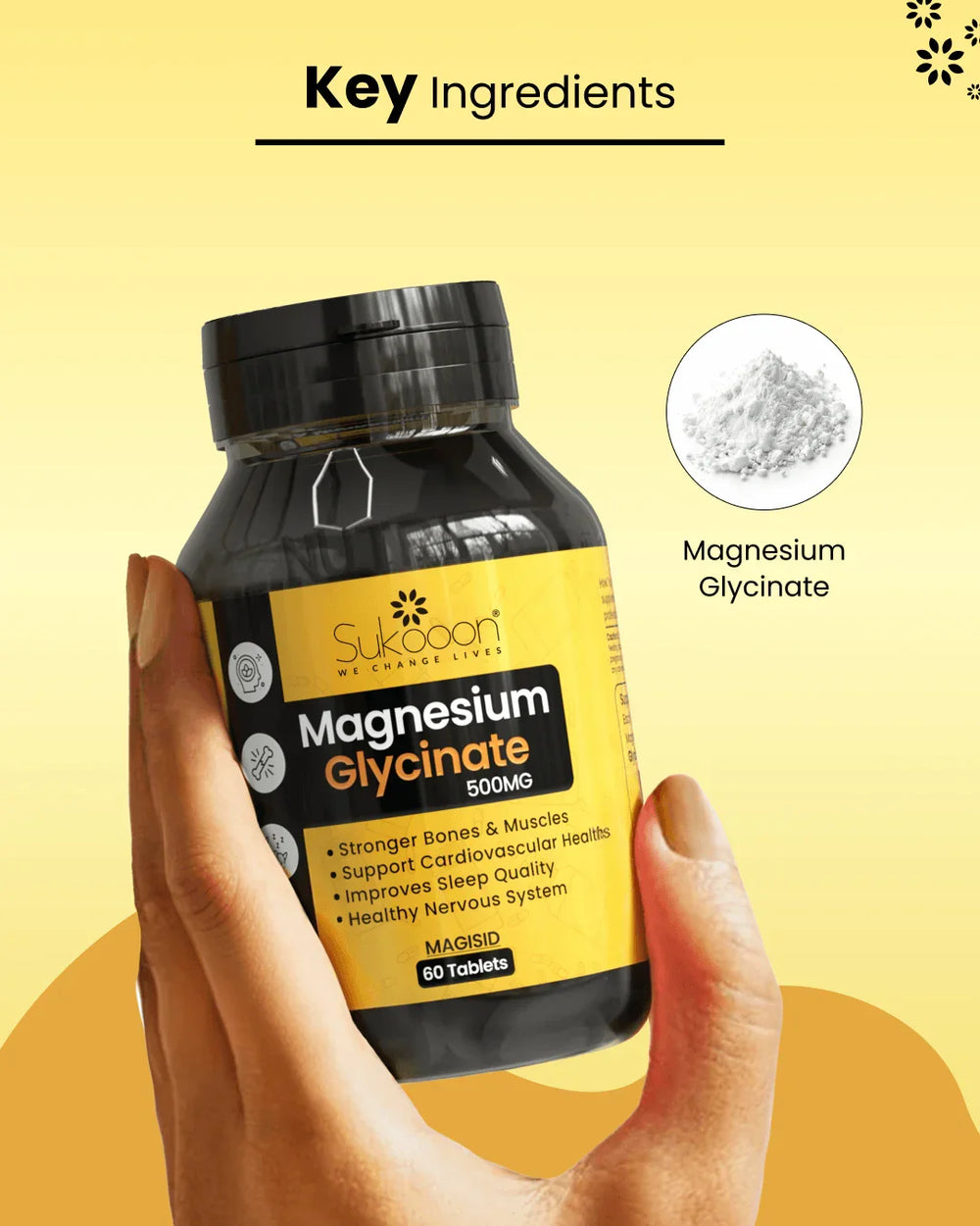 Magnesium Glycinate 500mg supplement bottle highlighting key benefits for bones, sleep, and nervous system health