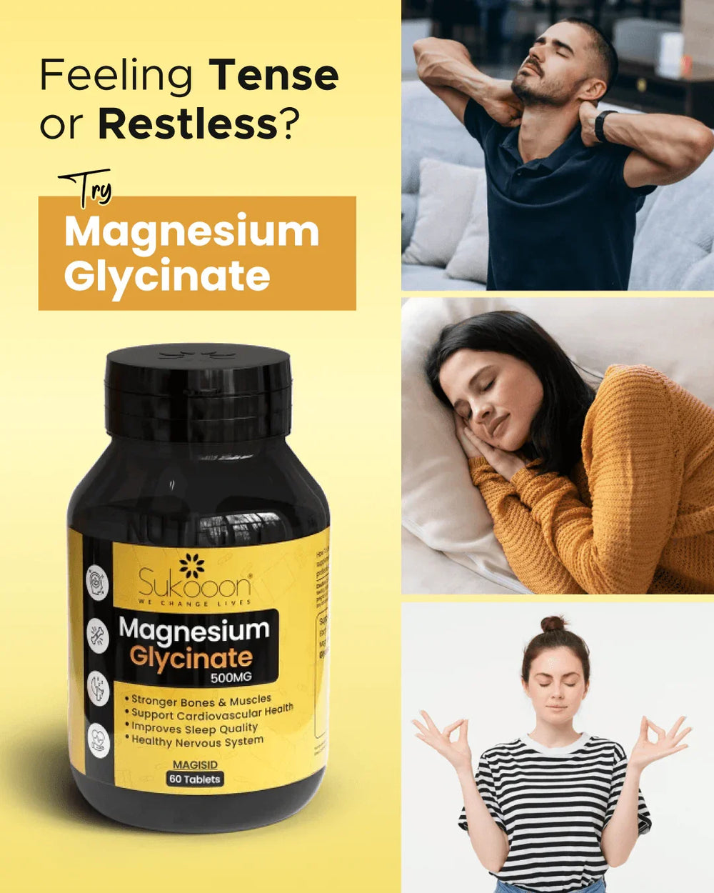 Magnesium Glycinate 500mg supplement bottle for tension relief, better sleep, and nervous system support