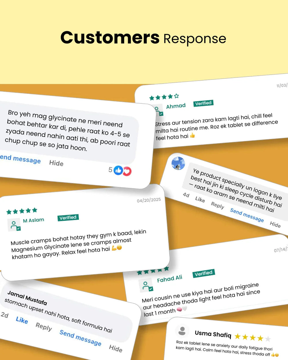 Customer reviews for natural wellness products, featuring testimonials on sleep, stress relief, and muscle recovery.
