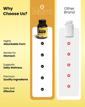 Sukooon Magnesium Glycinate supplement bottle compared to other brands, highlighting absorbable form, gentle on stomach, and premium ingredients for daily wellness.
