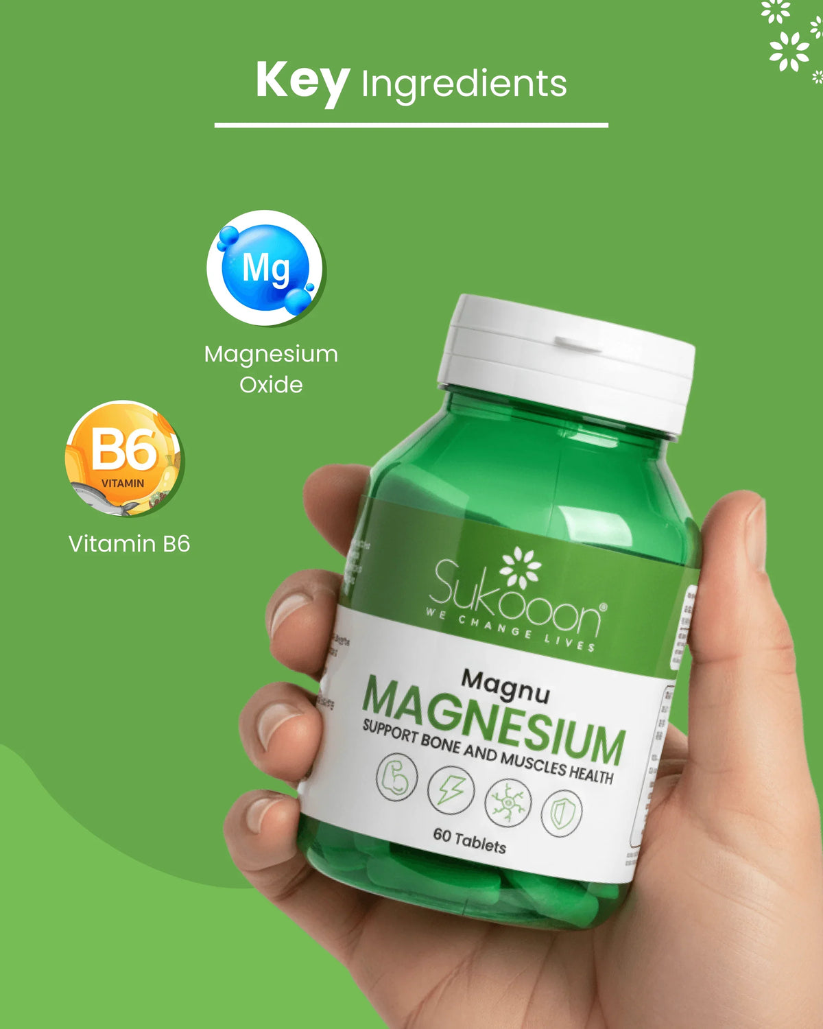 Hand holding Sukooon Magnesium supplement bottle with Mg and Vitamin B6 key ingredients for bone and muscle health