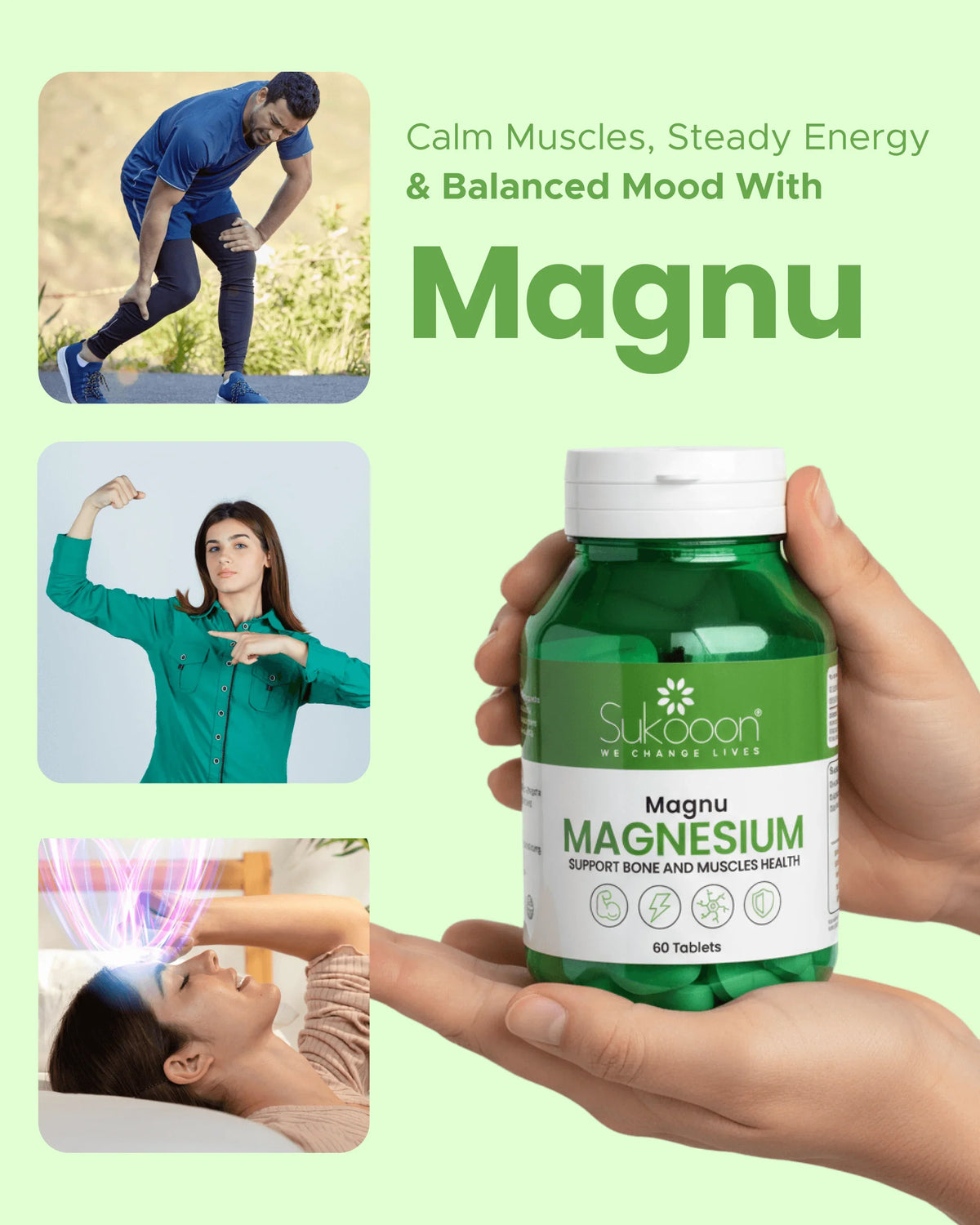 Magnesium supplement for calm muscles, steady energy & balanced mood — 60 tablets in green bottle