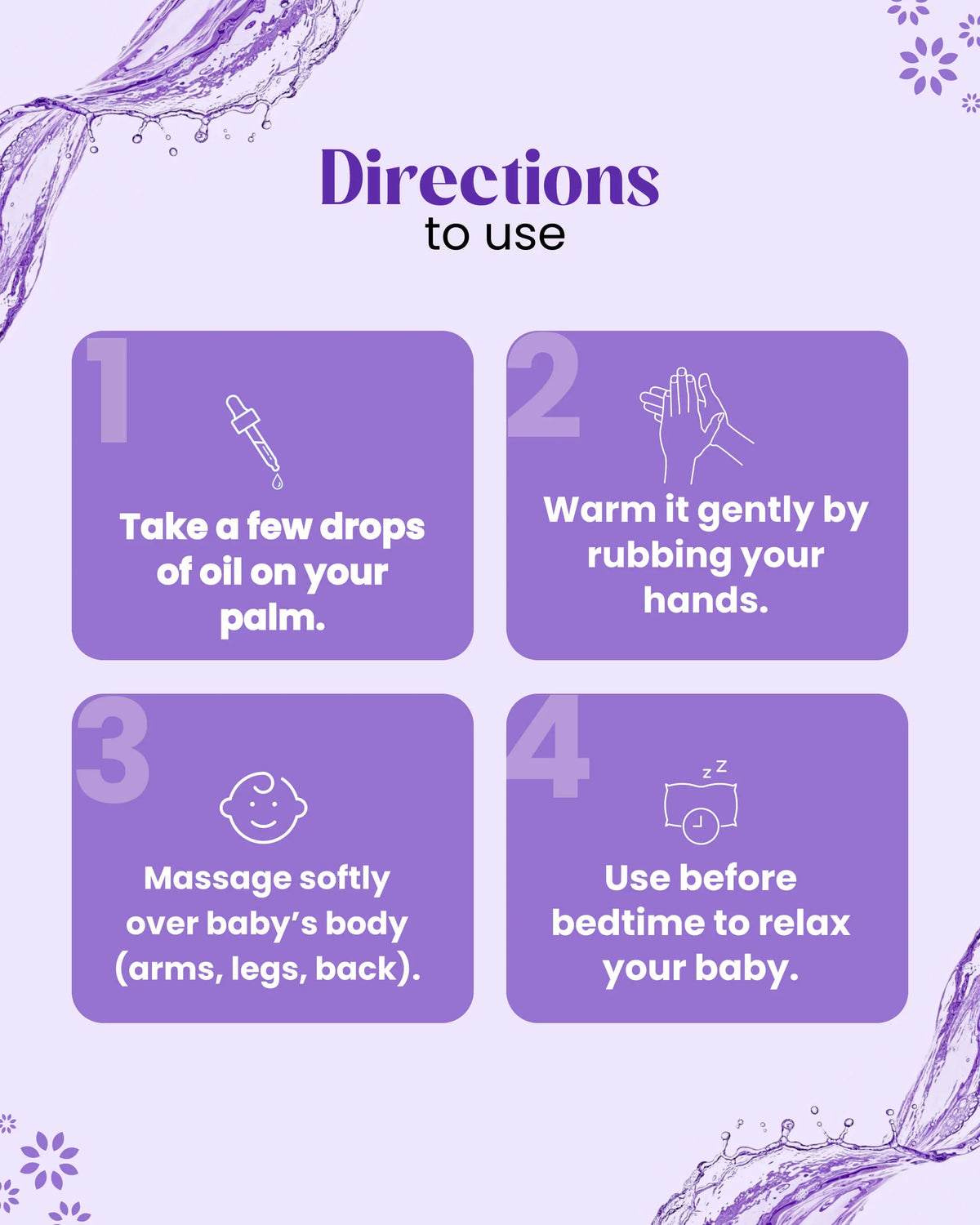Baby massage oil usage guide: apply drops, warm hands, massage gently, use before bedtime for relaxation
