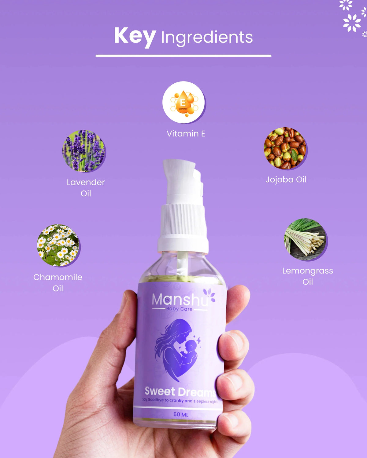 Sweet Dreams baby care spray with lavender, chamomile, jojoba & lemongrass oils for calm sleep