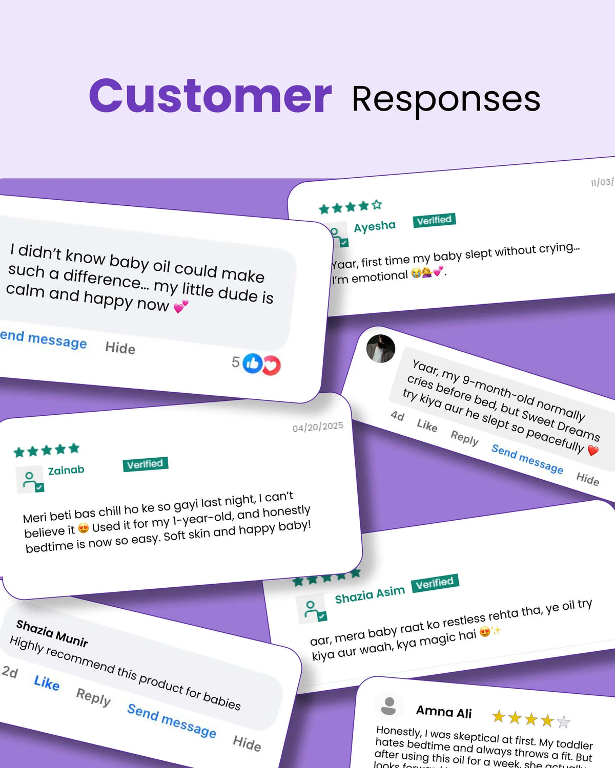 Customer reviews for baby oil showing happy parents & peaceful sleep results