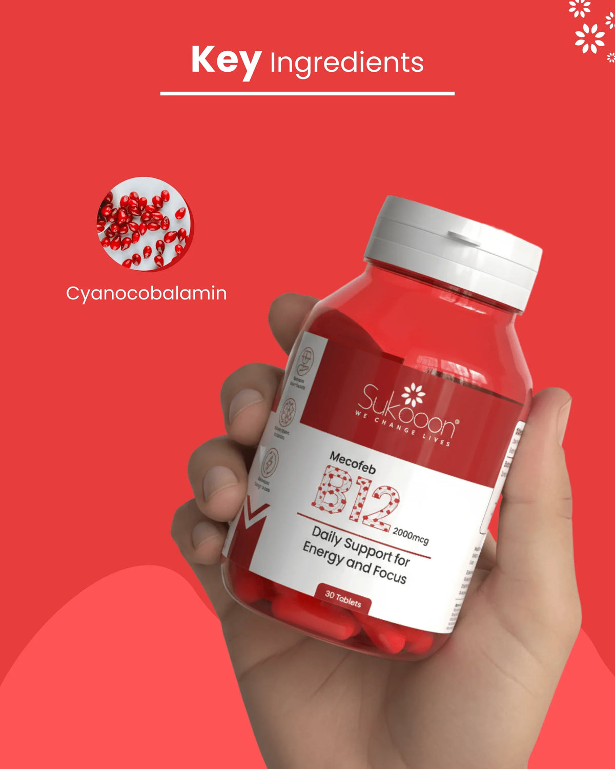Hand holding Sukooon Mecofeb B12 supplement bottle with Cyanocobalamin, for daily energy and focus support