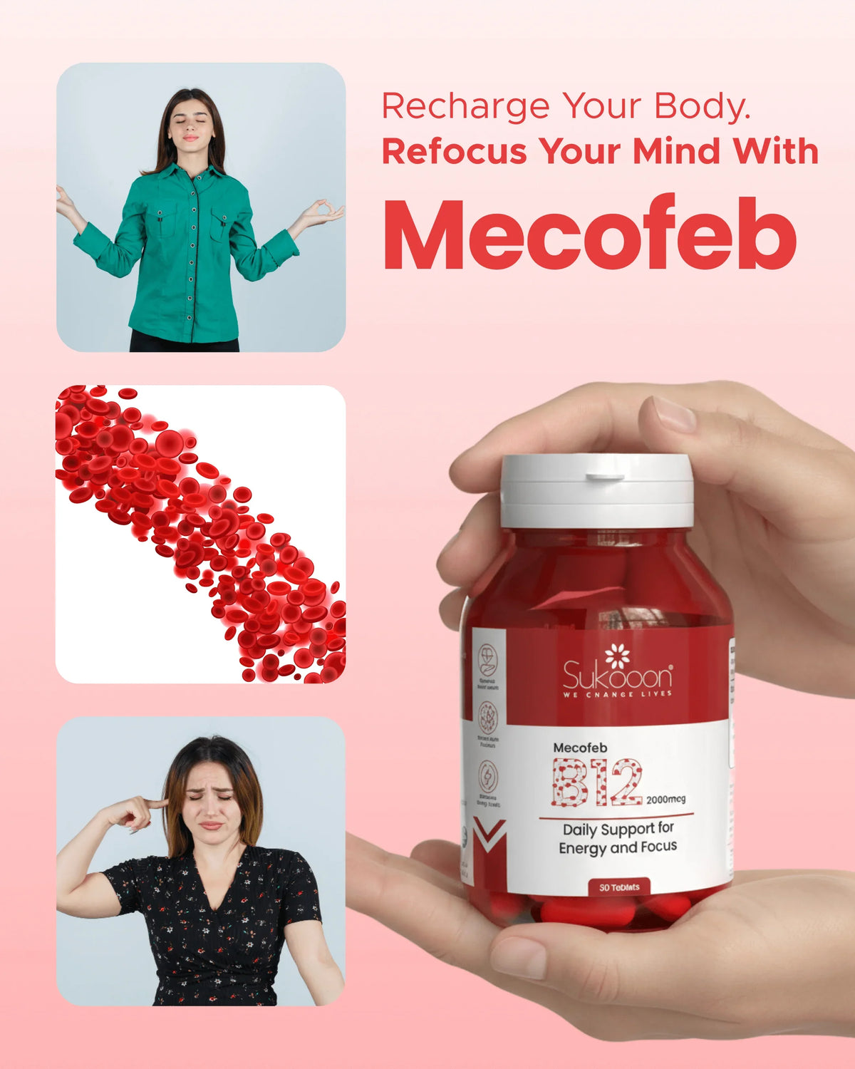 Mecofeb B12 2000mcg supplement for daily energy and focus support, shown with red blood cells and wellness imagery