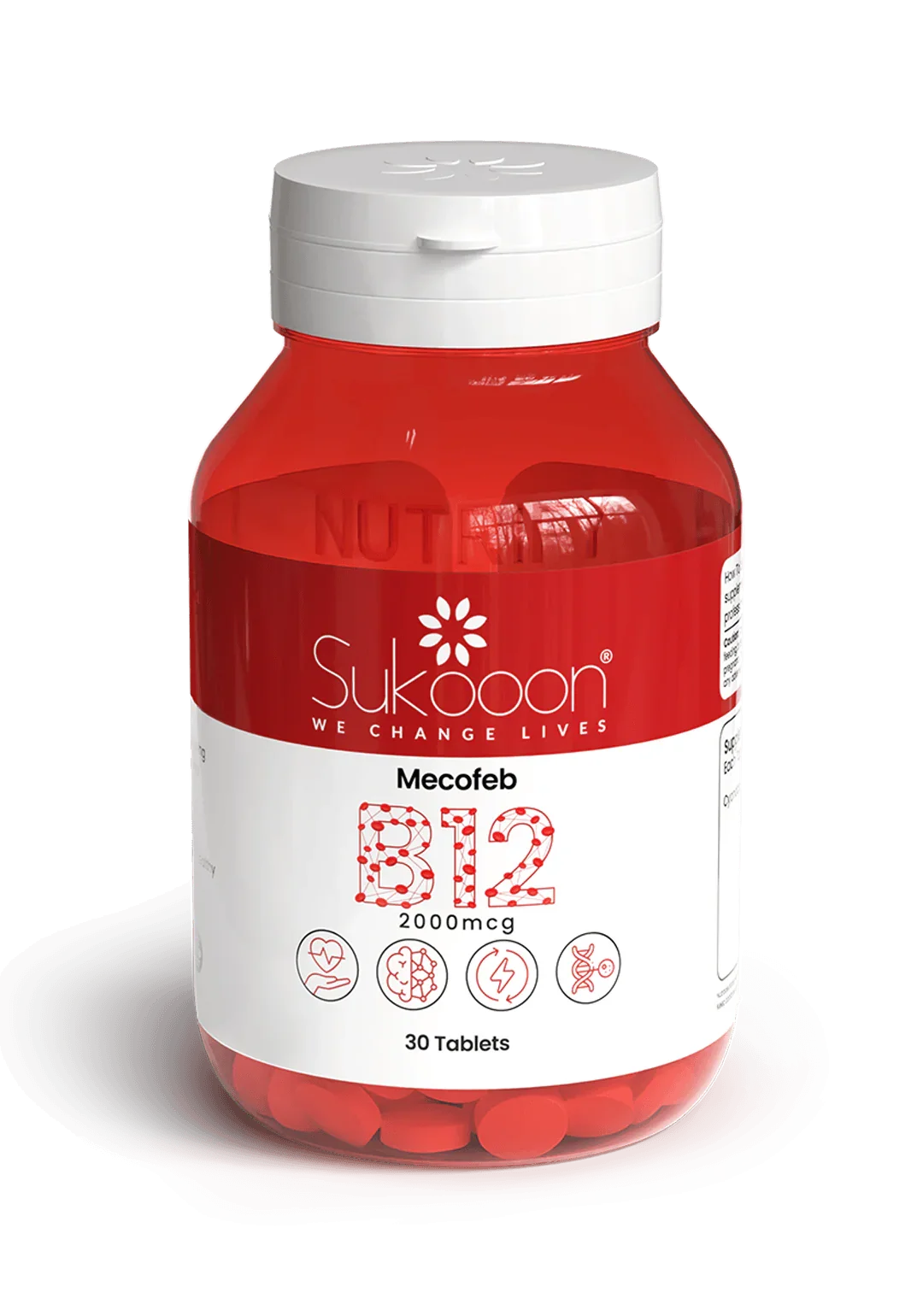 Sukooon Mecofeb B12 2000mcg supplement bottle with 30 red tablets, natural wellness product