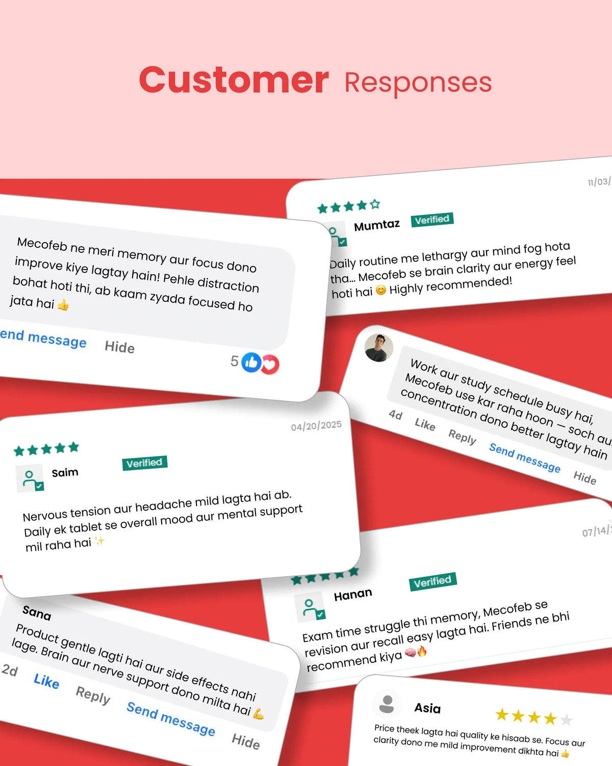 Customer reviews for Mecofeb brain supplement showing improved focus, memory & mental clarity