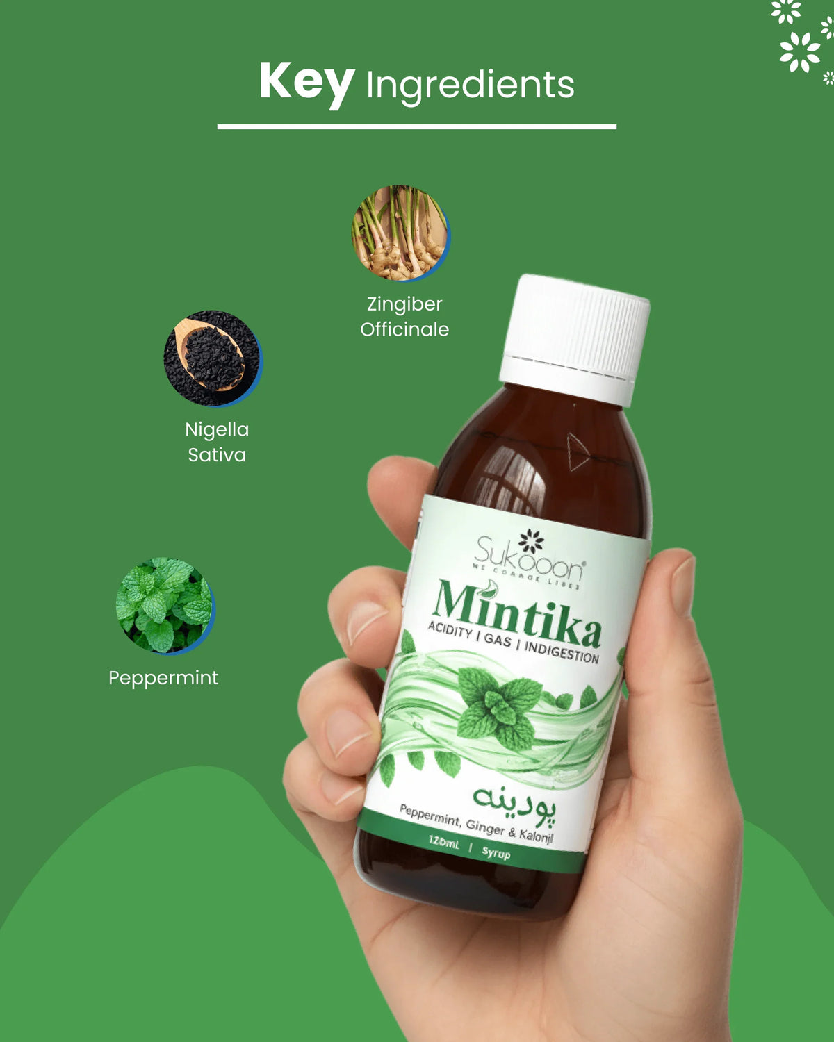 Hand holding Mintika syrup for acidity, gas & indigestion with peppermint, ginger & kalonji ingredients