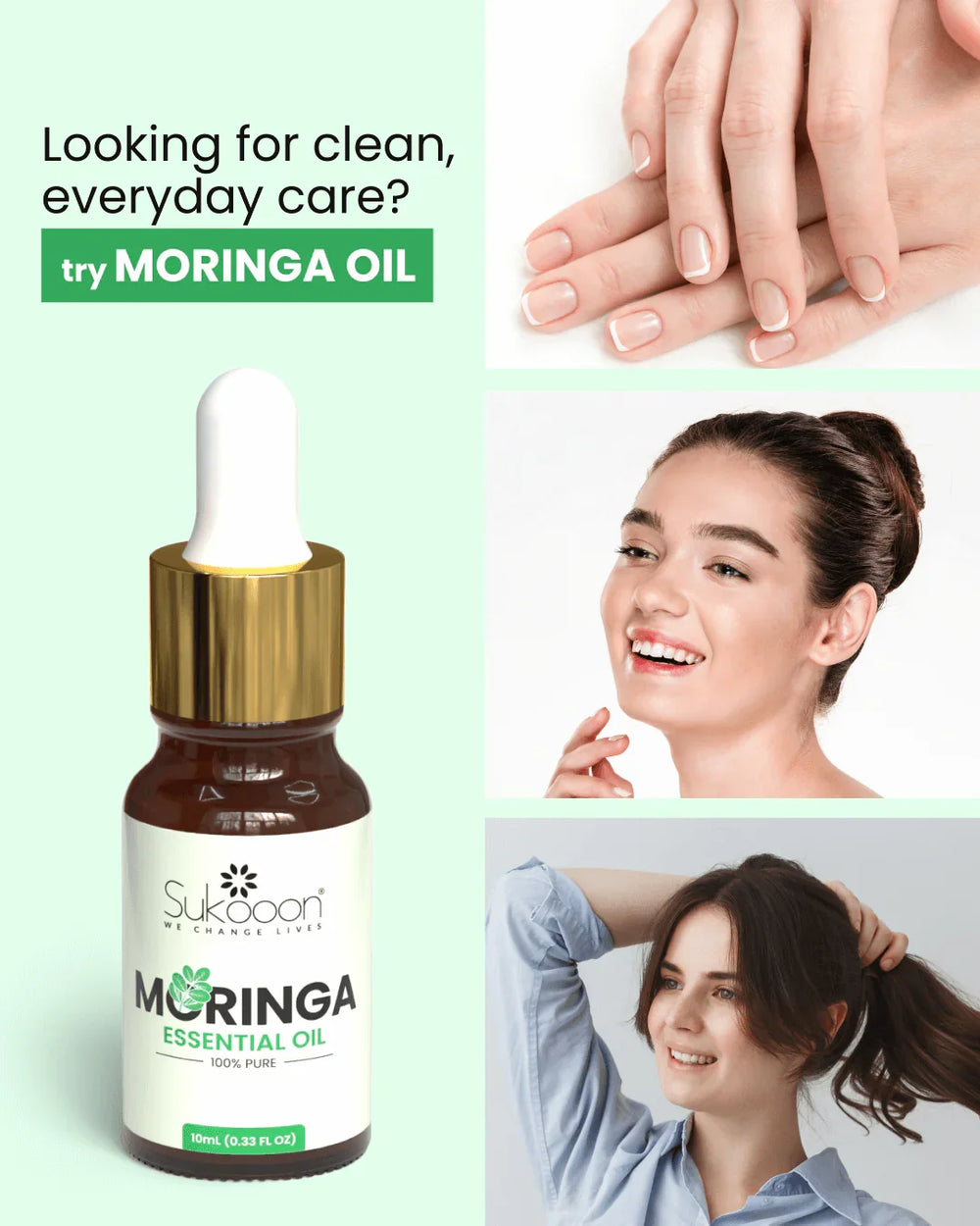 100% pure moringa essential oil for clean everyday skincare, haircare, and nail care