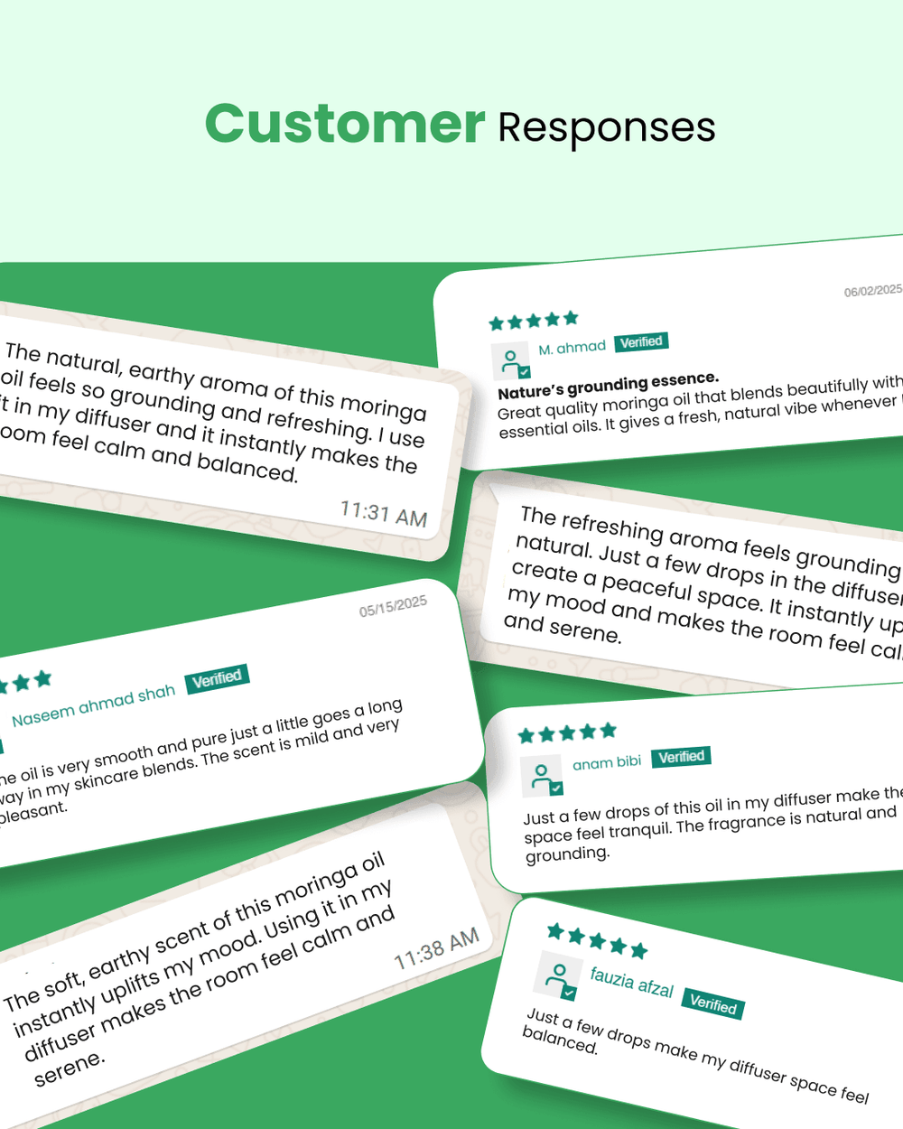 Customer reviews praising natural moringa oil for calming, grounding aromatherapy and diffuser use