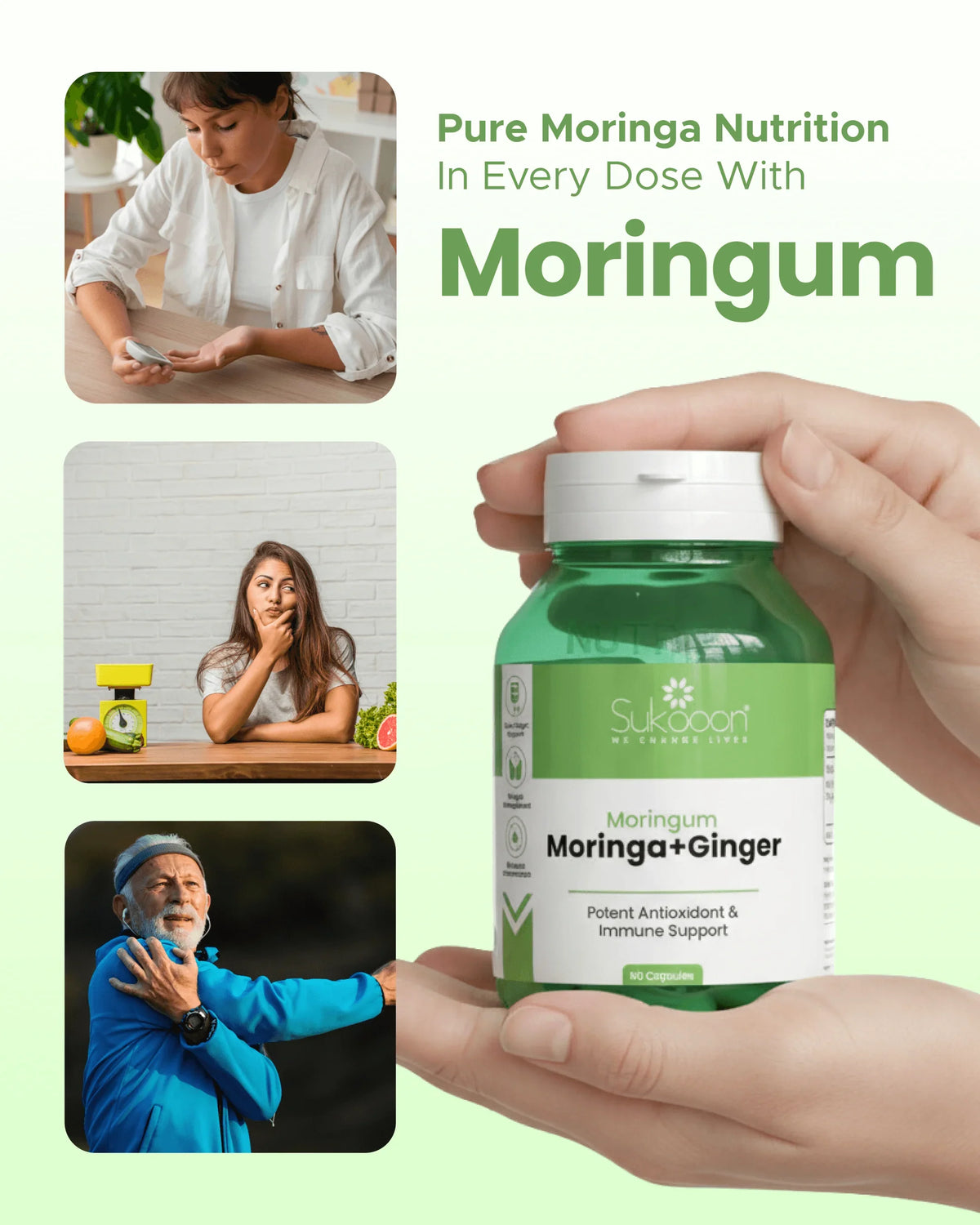 Moringum Moringa + Ginger supplement bottle with antioxidant and immune support, held in hand, promoting natural wellness.