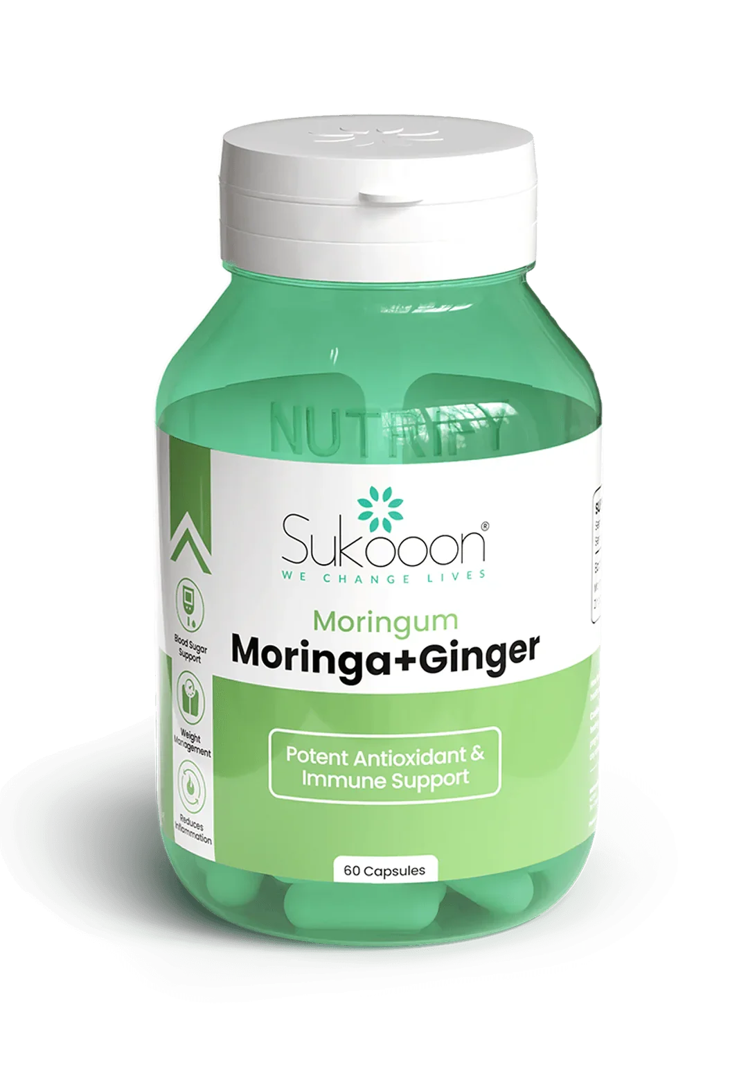 Sukoon Moringa + Ginger capsules for antioxidant and immune support, 60-count bottle