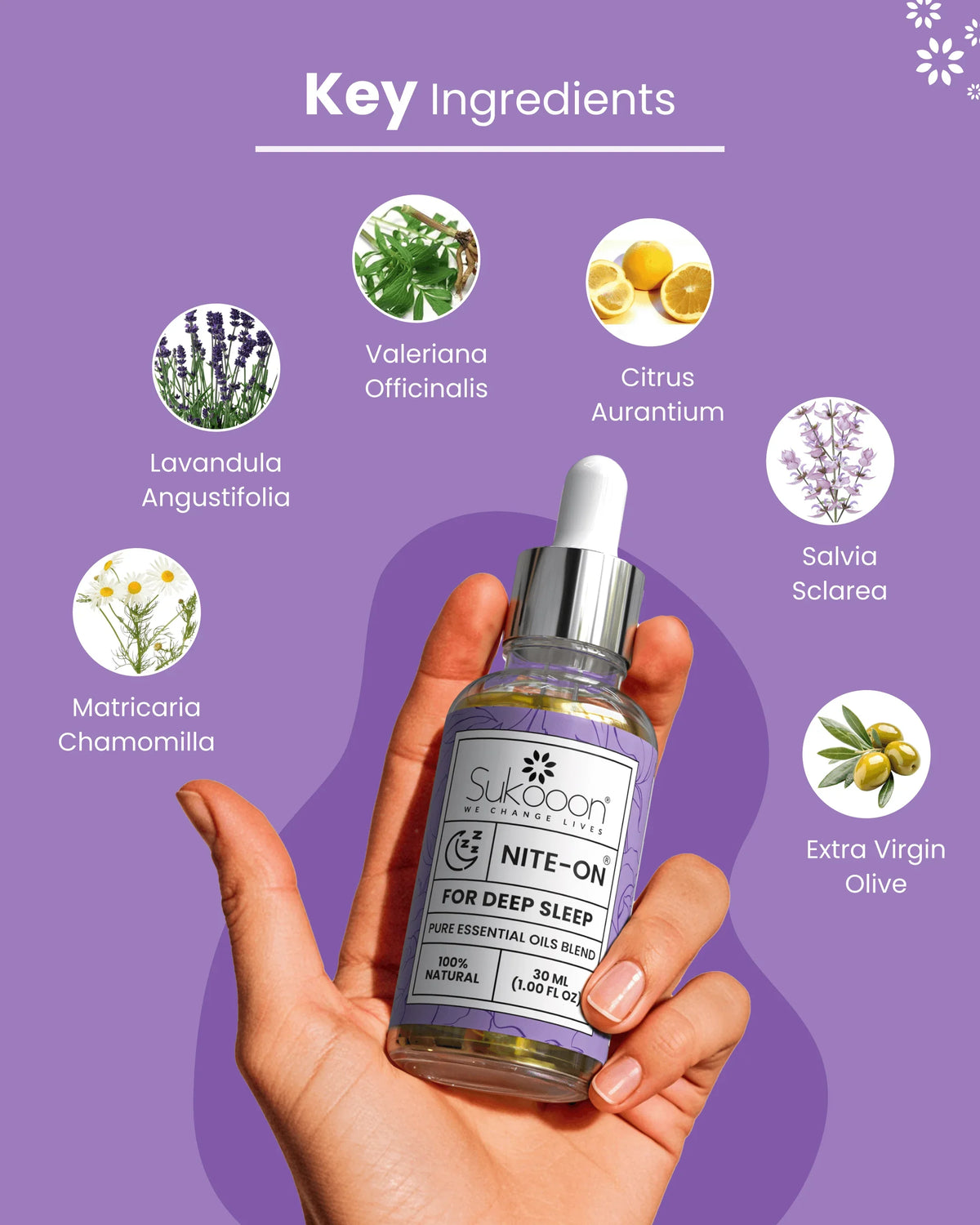 NITE-ON essential oil blend for deep sleep with lavender, chamomile, valerian, citrus, sage & olive oil
