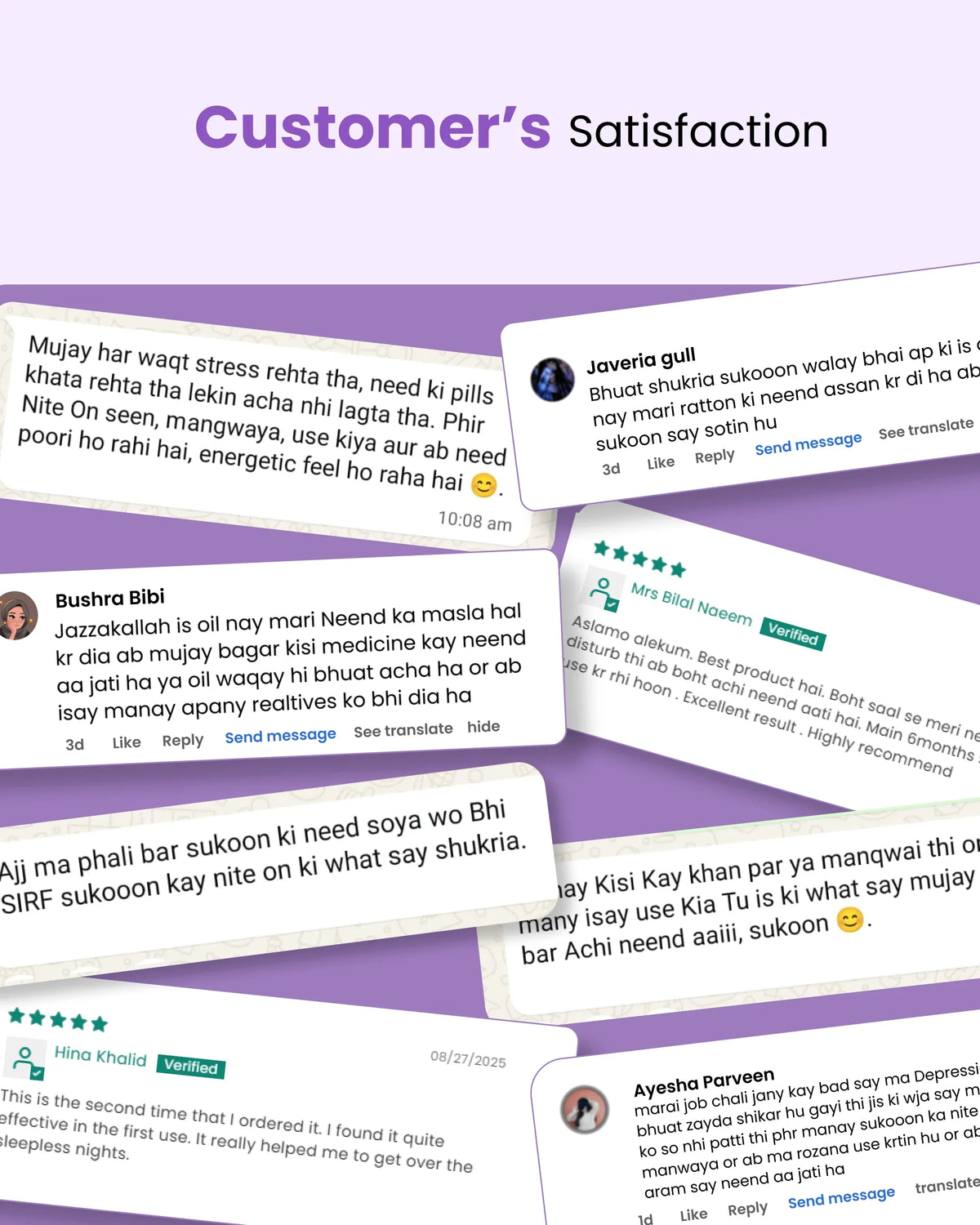 Customer reviews praising natural wellness products for better sleep and stress relief