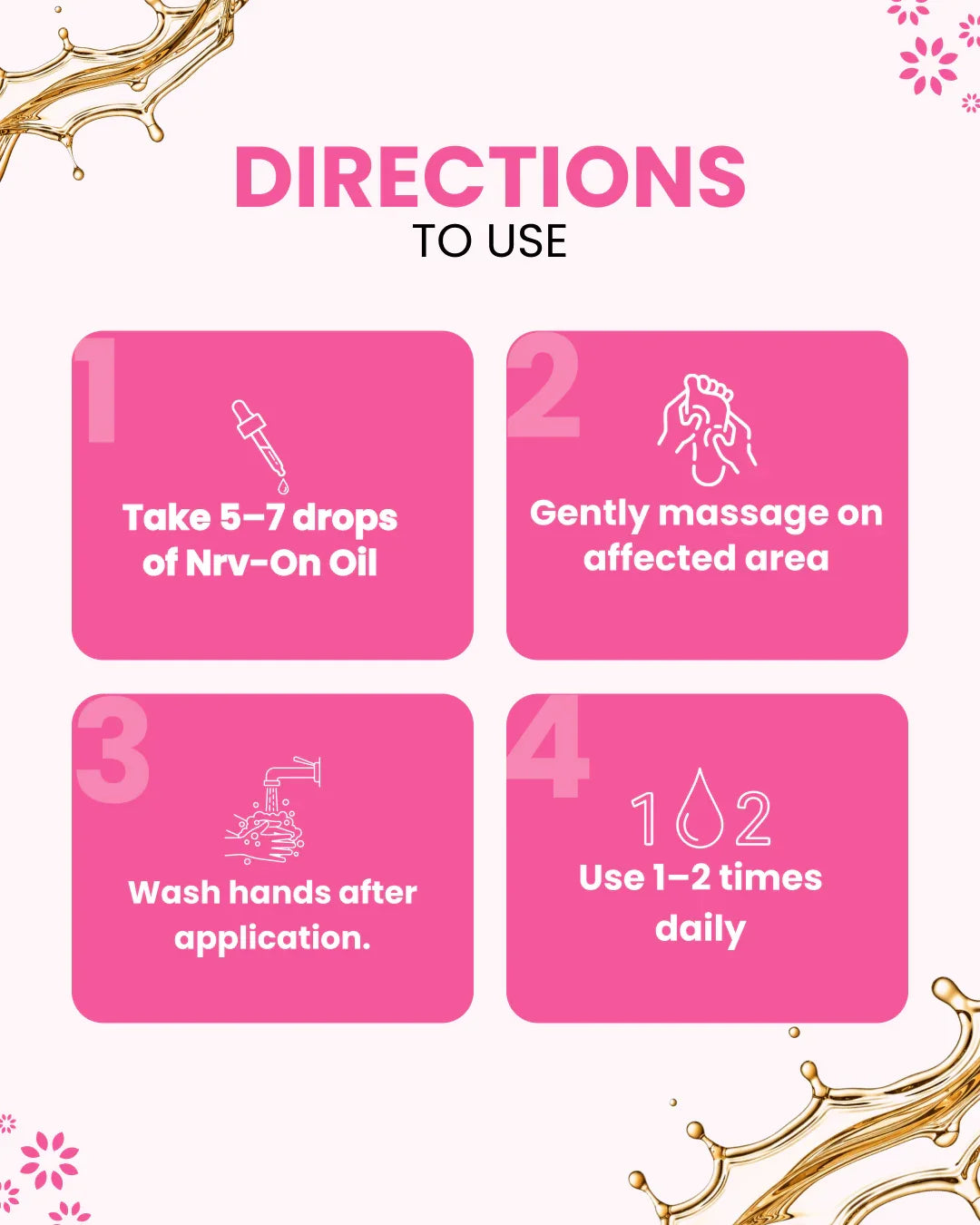 Nrv-On Oil usage guide: 5-7 drops, massage area, wash hands, use 1-2x daily — natural wellness product