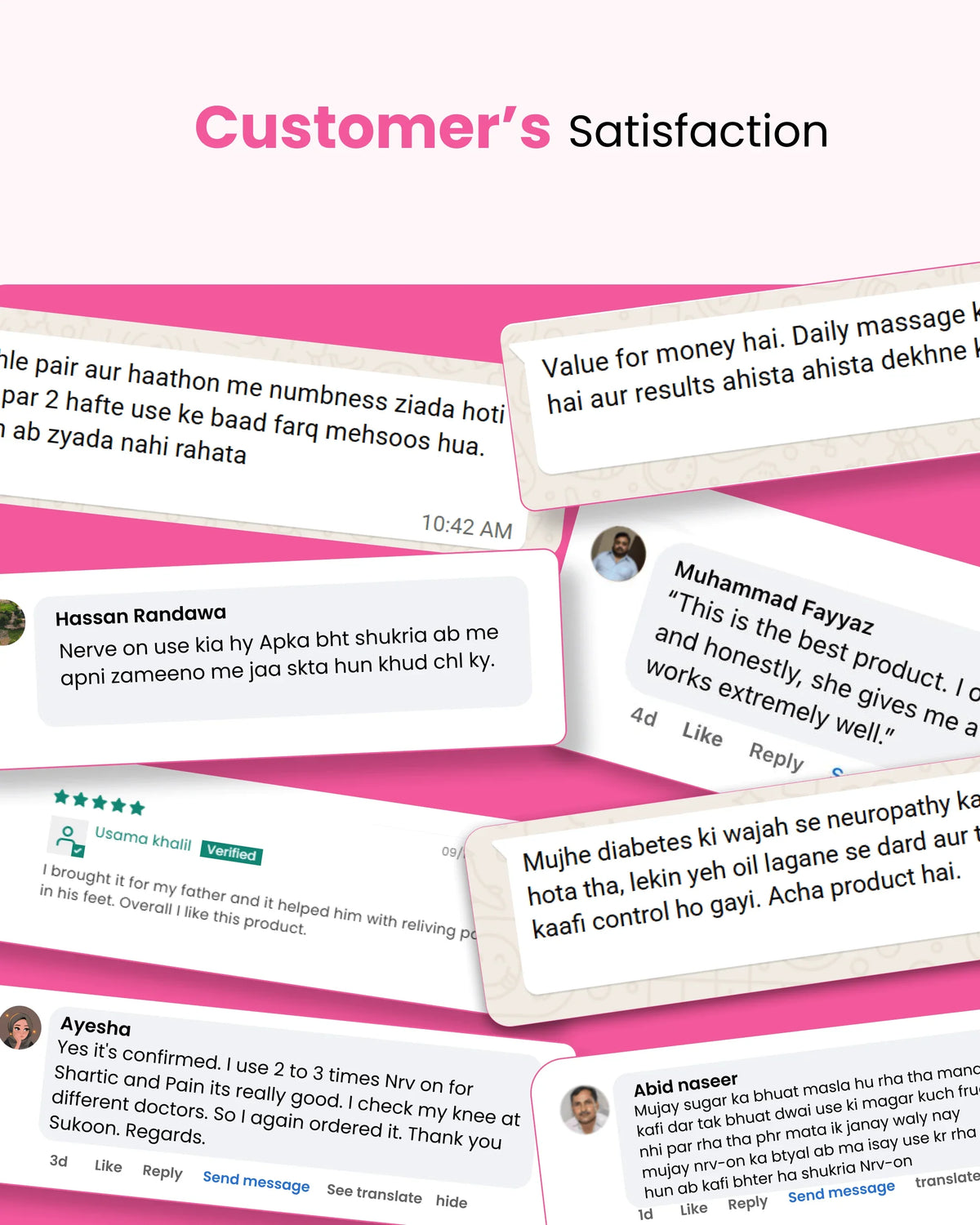 Customer satisfaction reviews for natural wellness products, featuring testimonials on pain relief and neuropathy support.