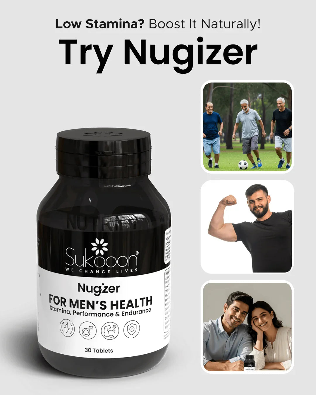 Nugizer men's health supplement for stamina, performance & endurance — 30 natural tablets in black bottle