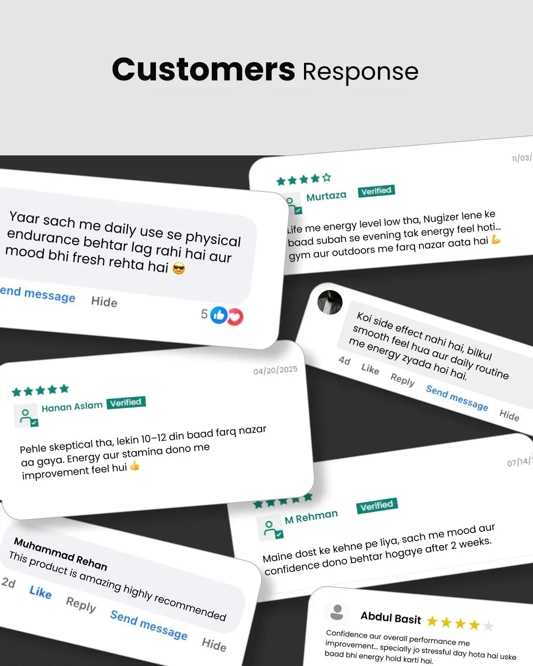 Customer reviews praising energy, stamina & mood improvement from natural wellness product