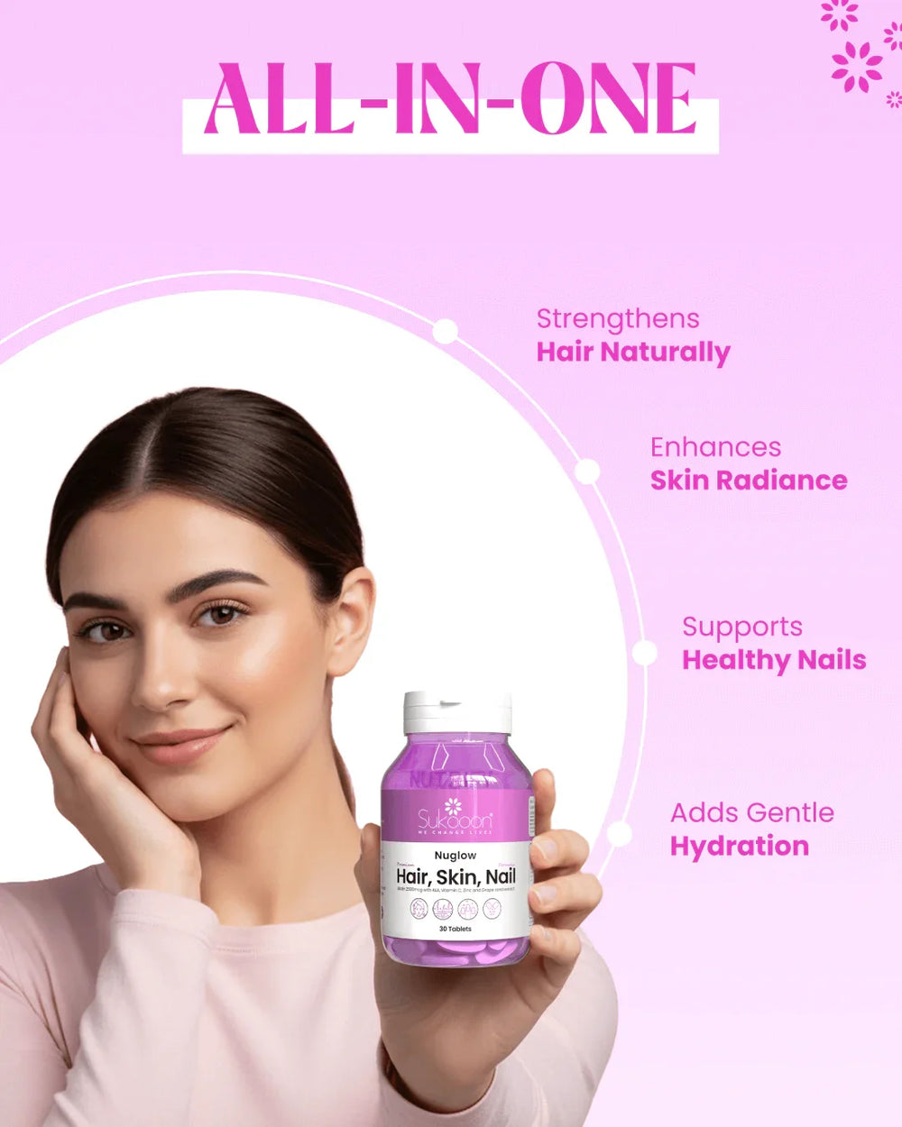 Woman holding Sukooon Hair Skin Nail supplement bottle, pink background, all-in-one wellness product