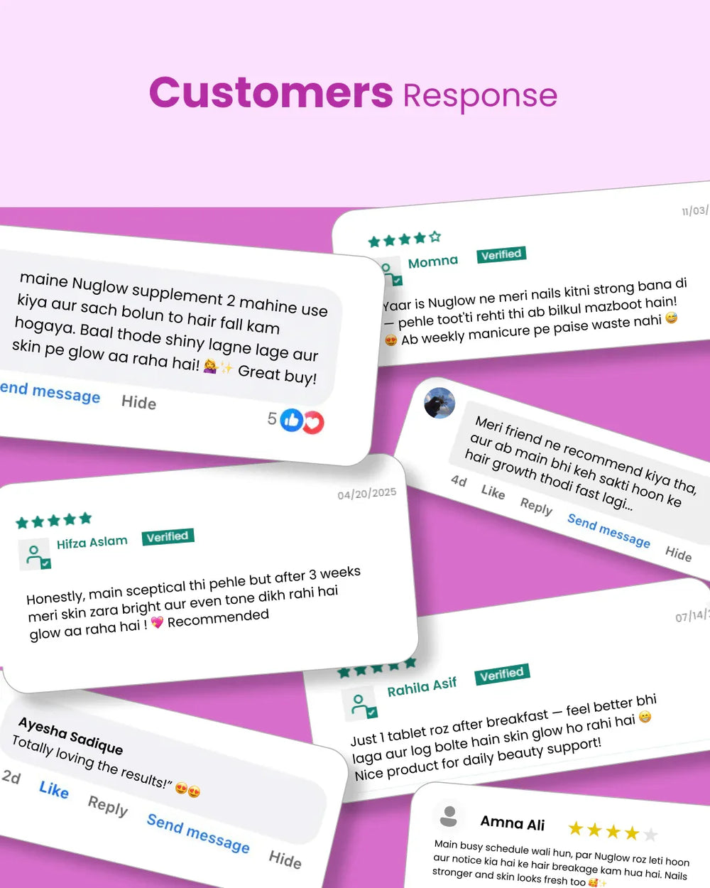 Customer reviews for Nuglow supplement showing hair, skin & nail benefits with 5-star ratings