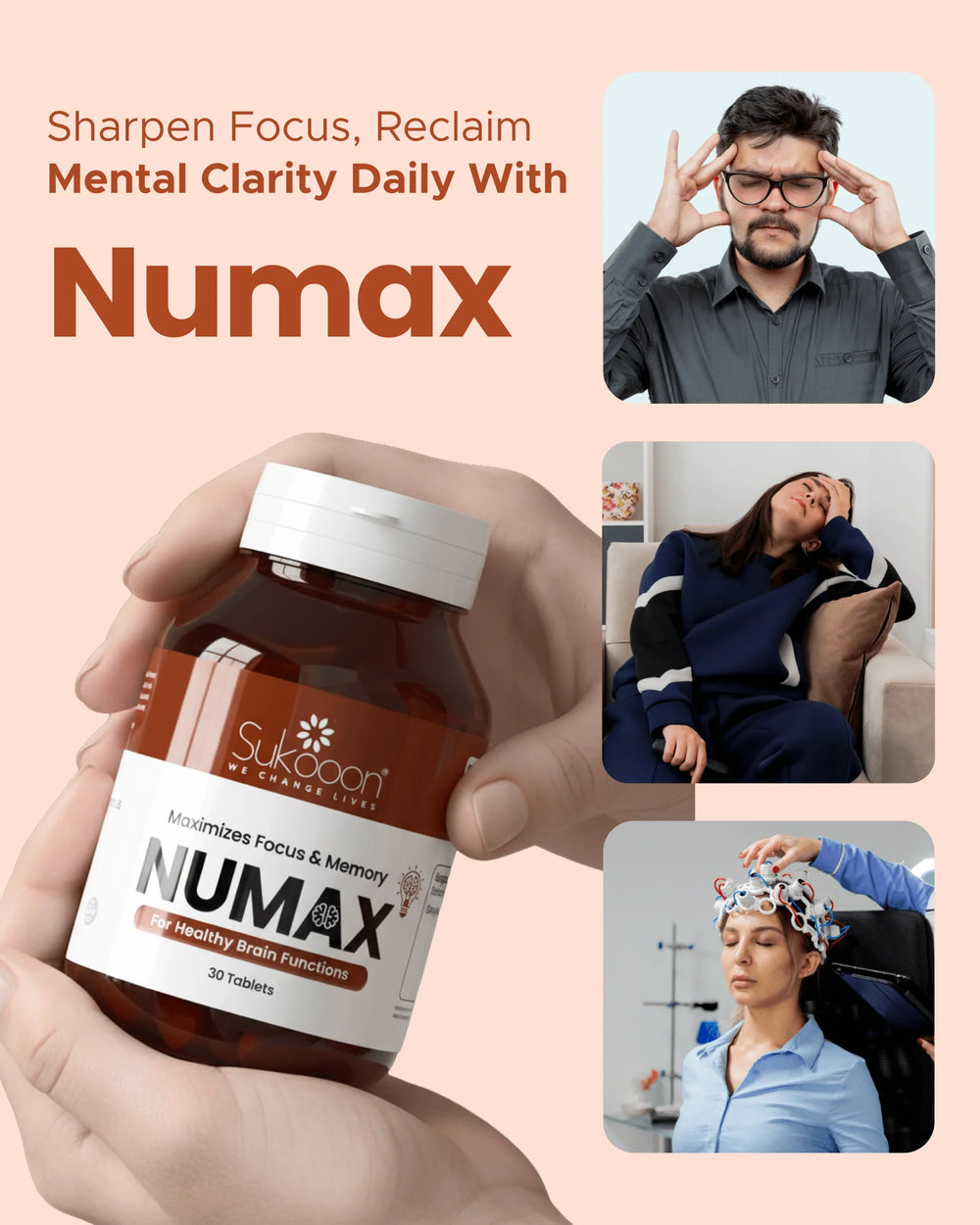 Numax brain supplement bottle for focus & memory, shown with people experiencing mental clarity and brain health benefits