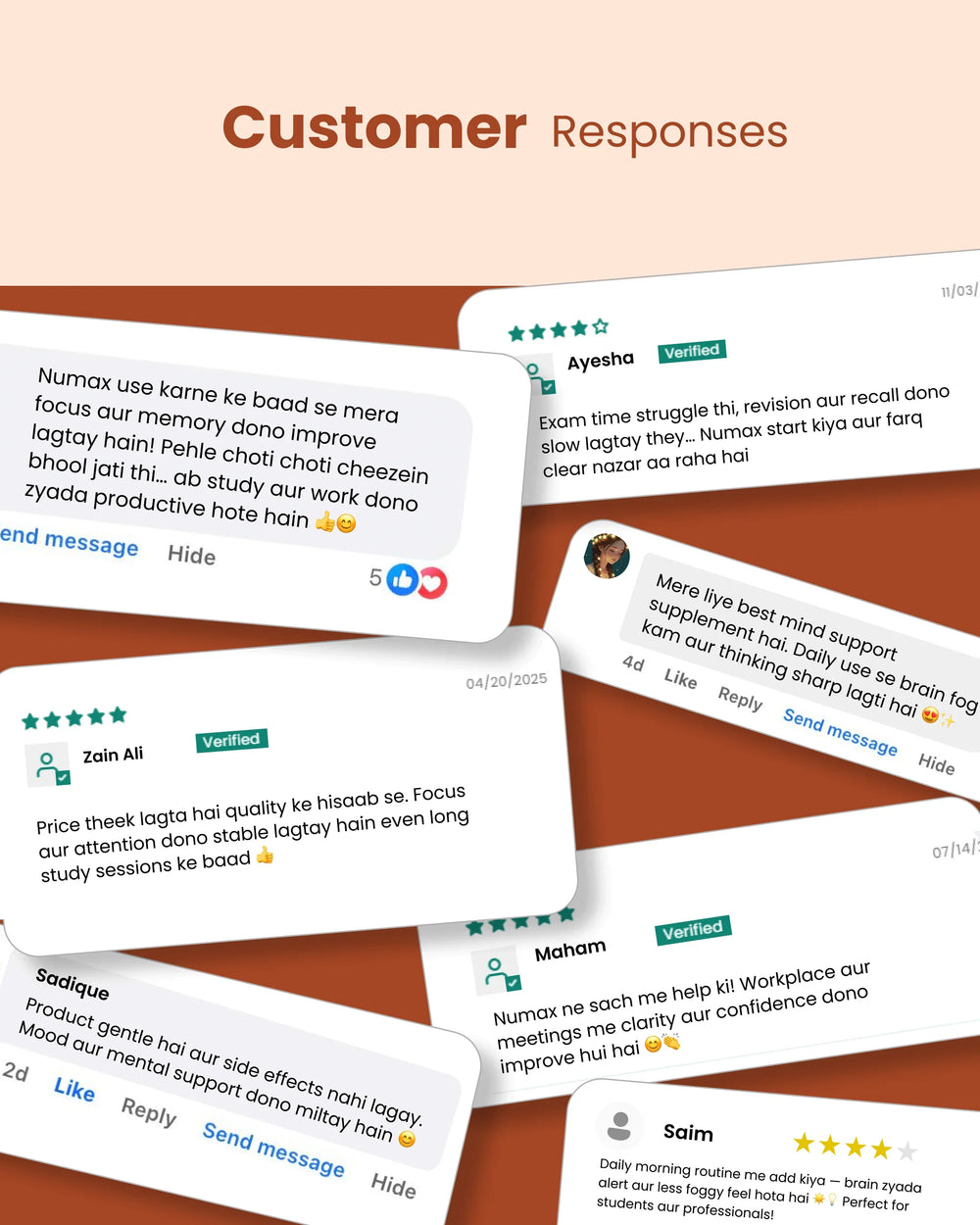 Customer reviews for Numax brain supplement, praising focus, memory & mental clarity improvements