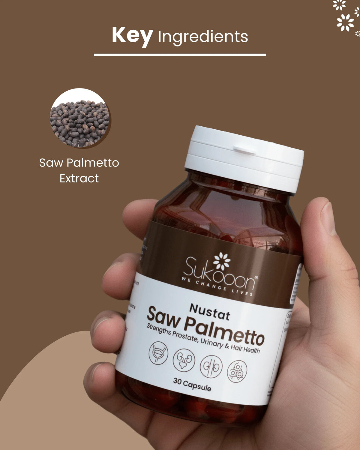 Hand holding Saw Palmetto supplement bottle for prostate, urinary & hair health with key ingredient extract shown