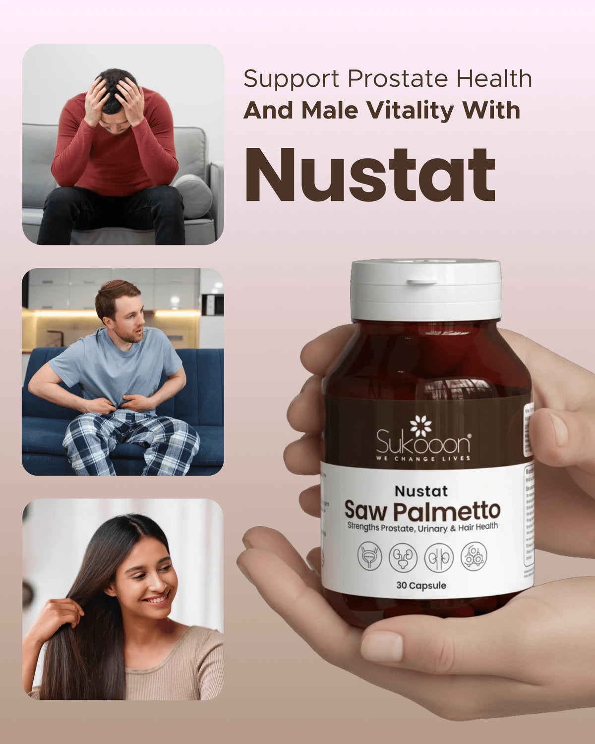 Nustat Saw Palmetto supplement for prostate, urinary & hair health — 30 capsules in amber bottle