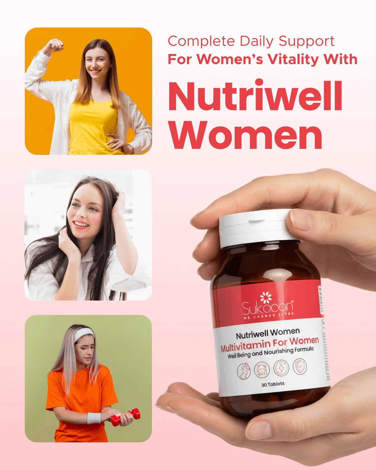 Nutriwell Women multivitamin for daily vitality support, wellness, and nourishing formula with 30 tablets