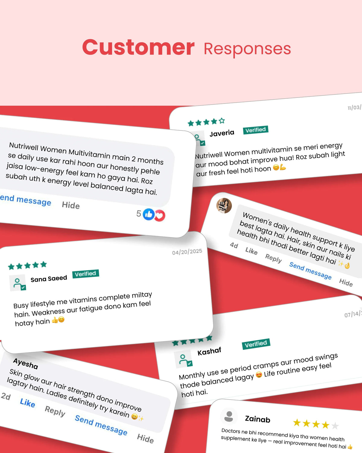 Customer reviews for women’s multivitamin supplement showing energy, mood & skin benefits with 5-star ratings
