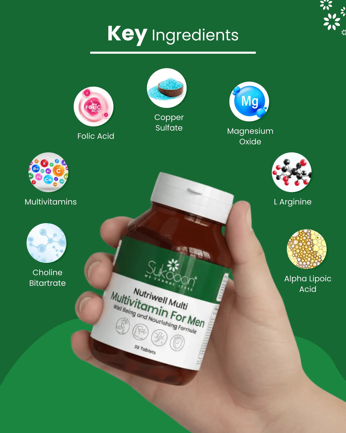 Hand holding men's multivitamin bottle with key ingredients like folic acid, magnesium, and L-arginine shown