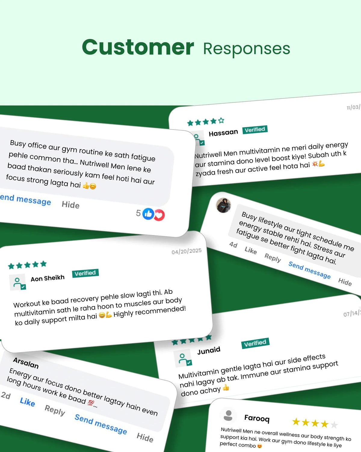 Customer reviews for men's multivitamin, highlighting energy, focus, and stamina support for busy lifestyles
