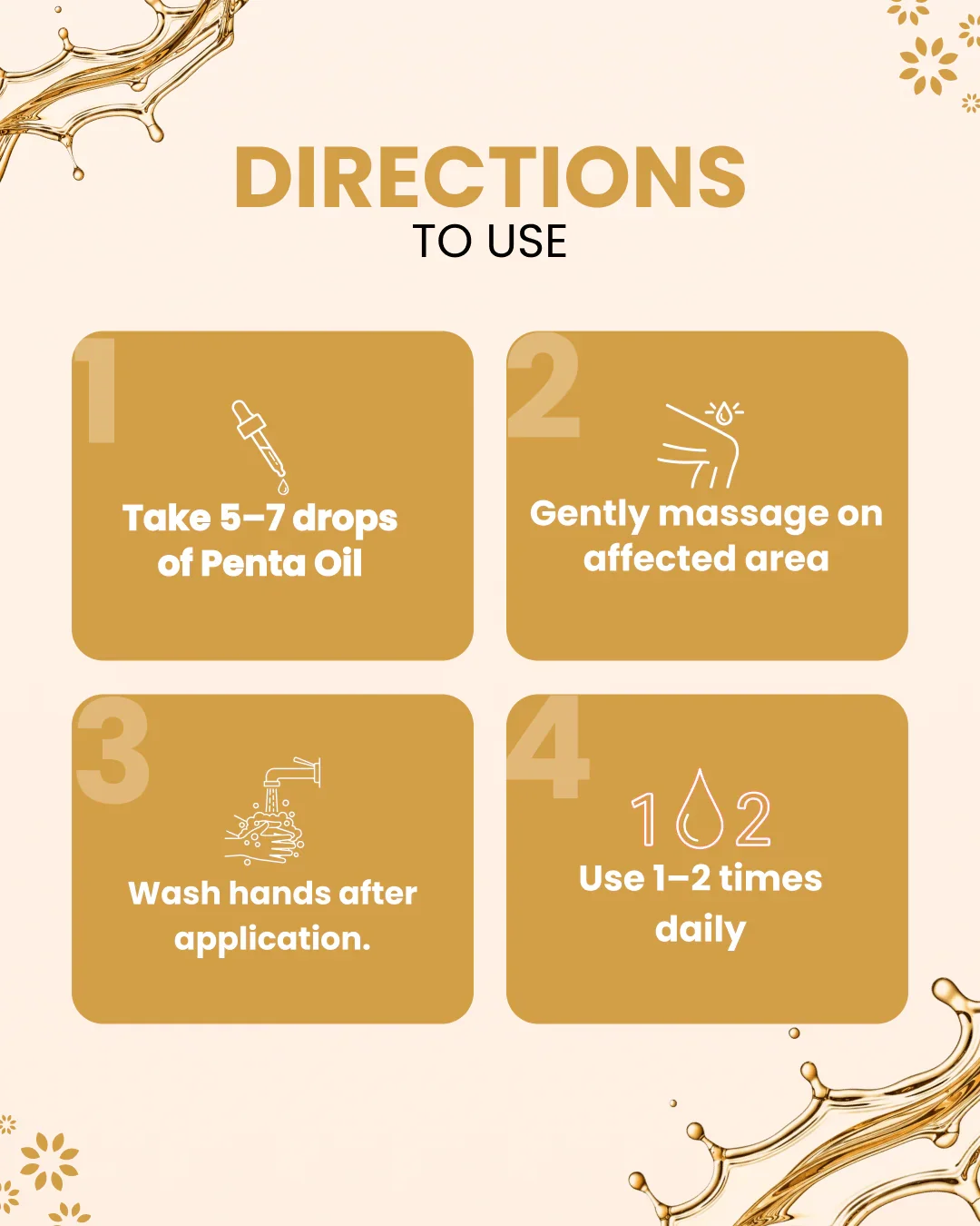 Penta Oil usage guide: 5-7 drops, massage area, wash hands, use 1-2x daily — natural wellness product
