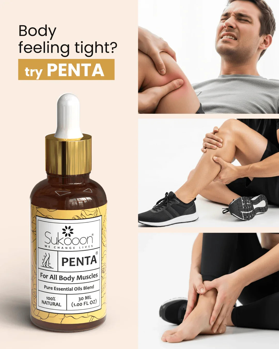 PENTA essential oil blend for muscle relief, 100% natural, 30ml bottle with dropper, soothes tight body muscles