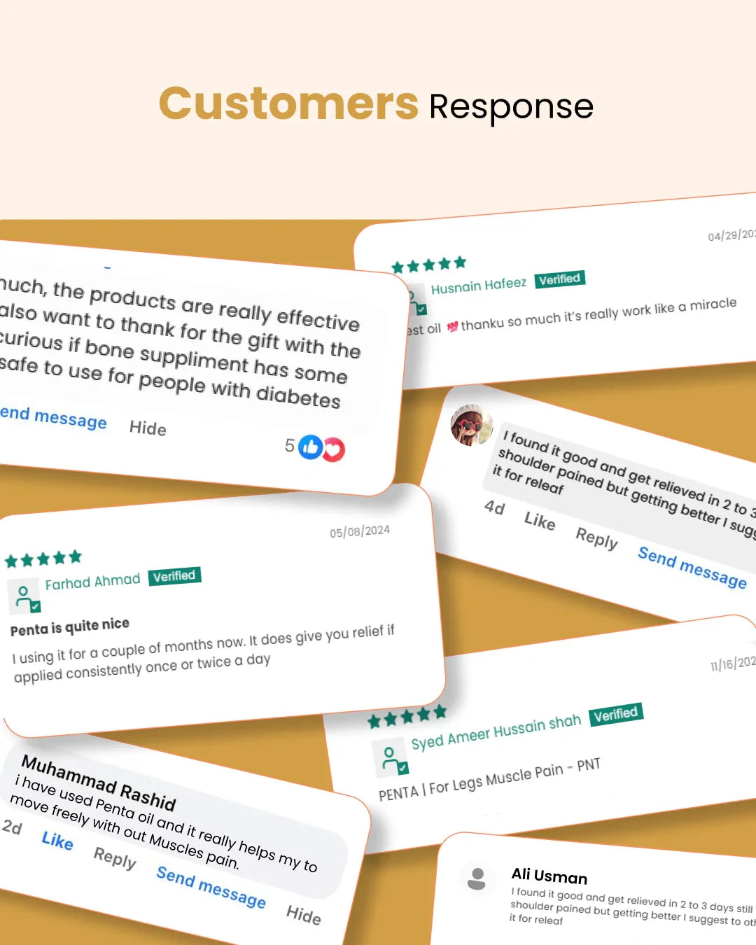Customer reviews for natural wellness products like Penta oil and supplements, showing 5-star feedback and verified user experiences.