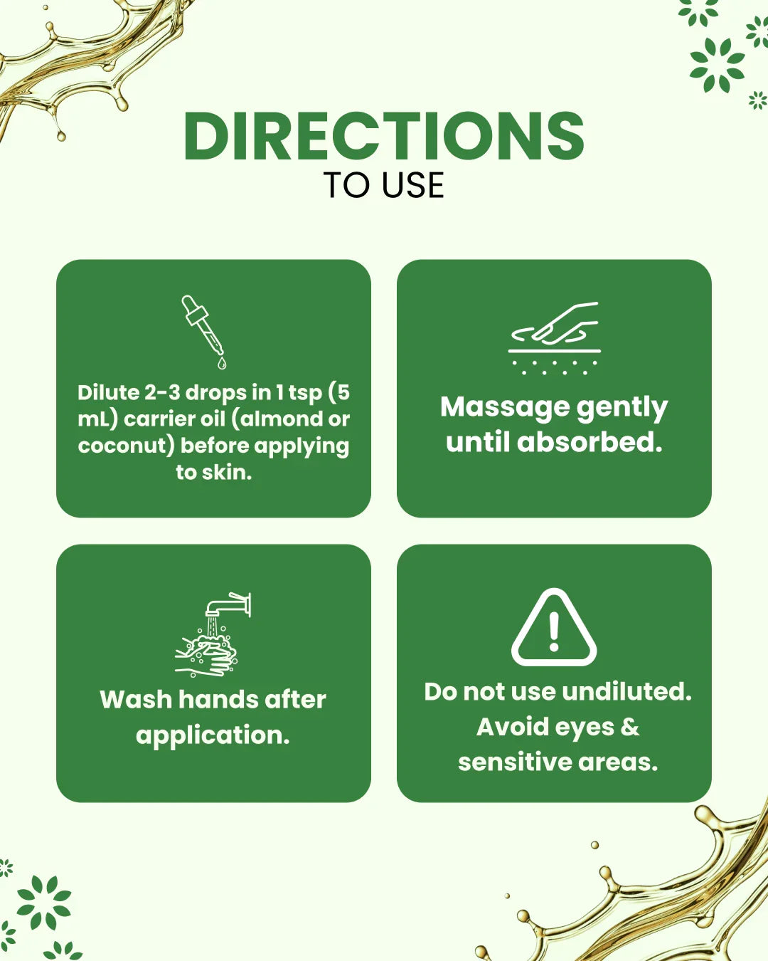Essential oil usage guide: dilute with carrier oil, massage gently, wash hands, avoid eyes & sensitive areas