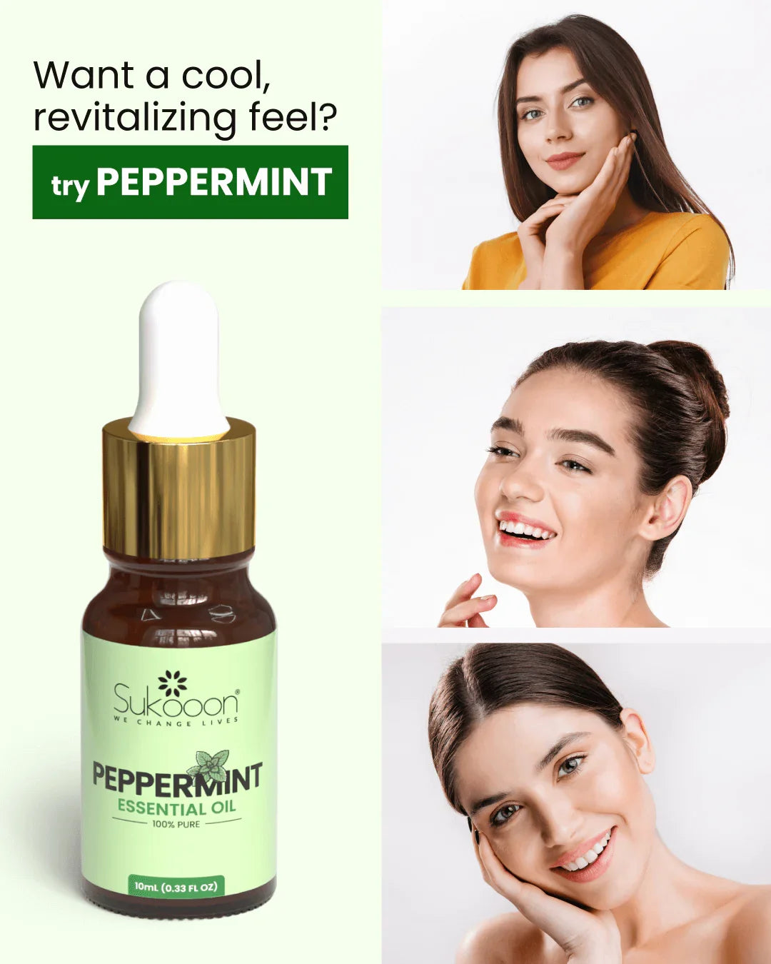 Peppermint essential oil bottle with dropper, promoting cool, revitalizing feel for wellness and beauty